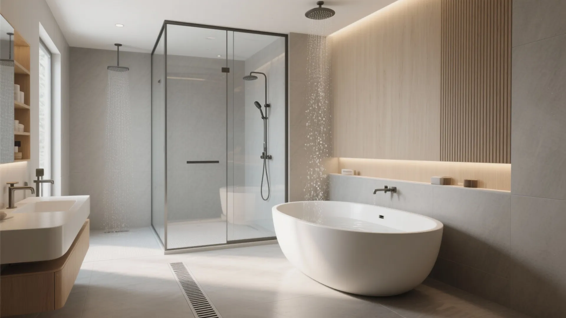 Wet-room combo: shower and tub in one waterproof zone