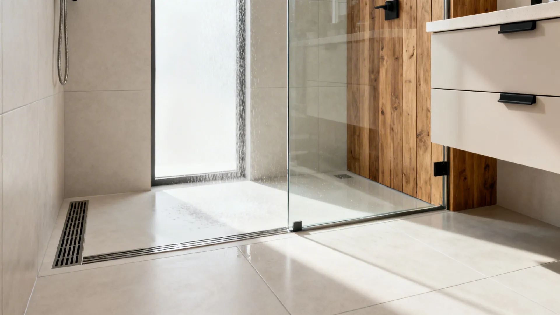 Small wet-room bathroom with a curbless shower, linear drain, and a fixed clear glass panel for a spacious feel.