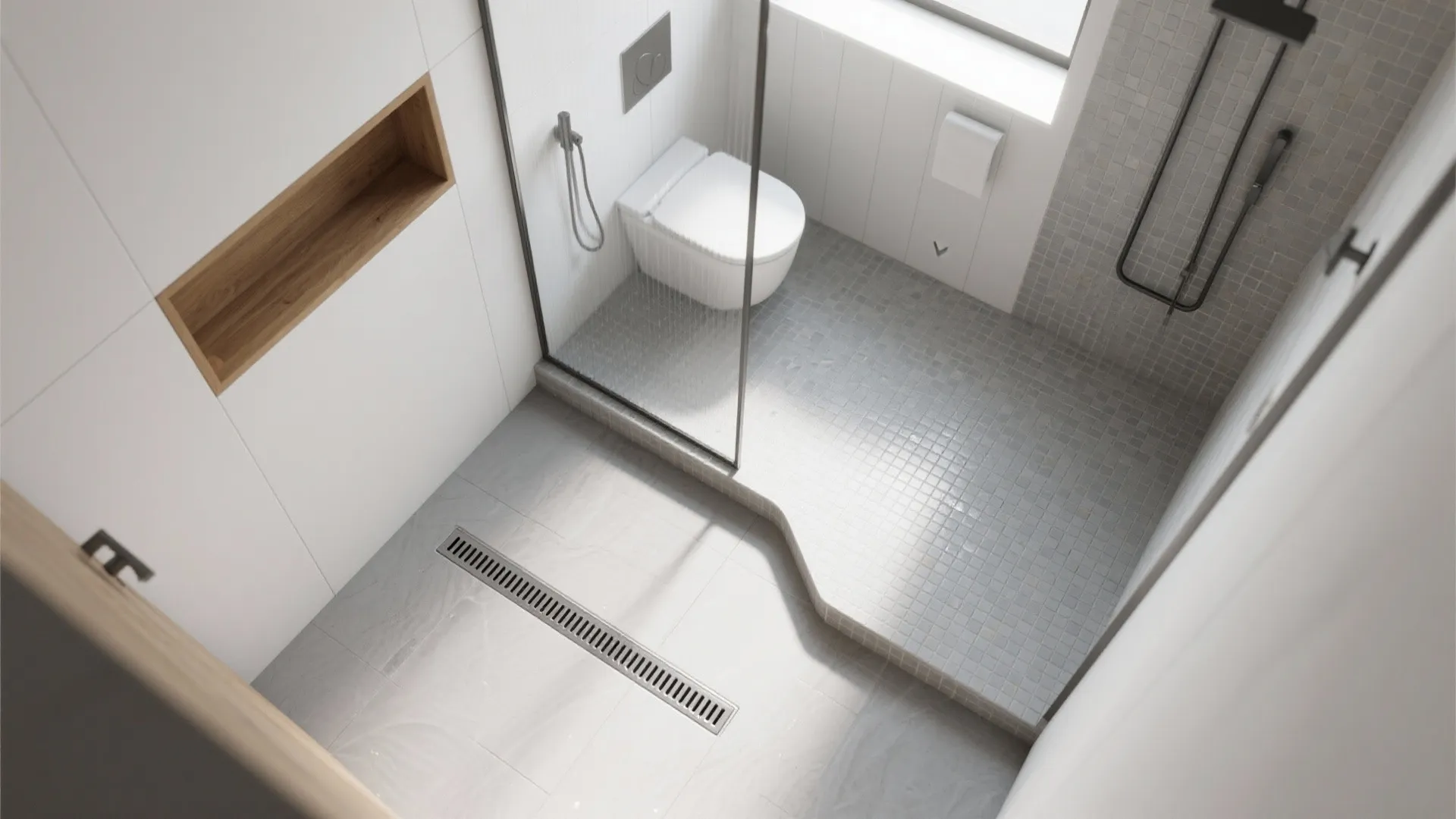 Modern wet room with grey mosaic tiles glass shower screen white toilet and long floor drain