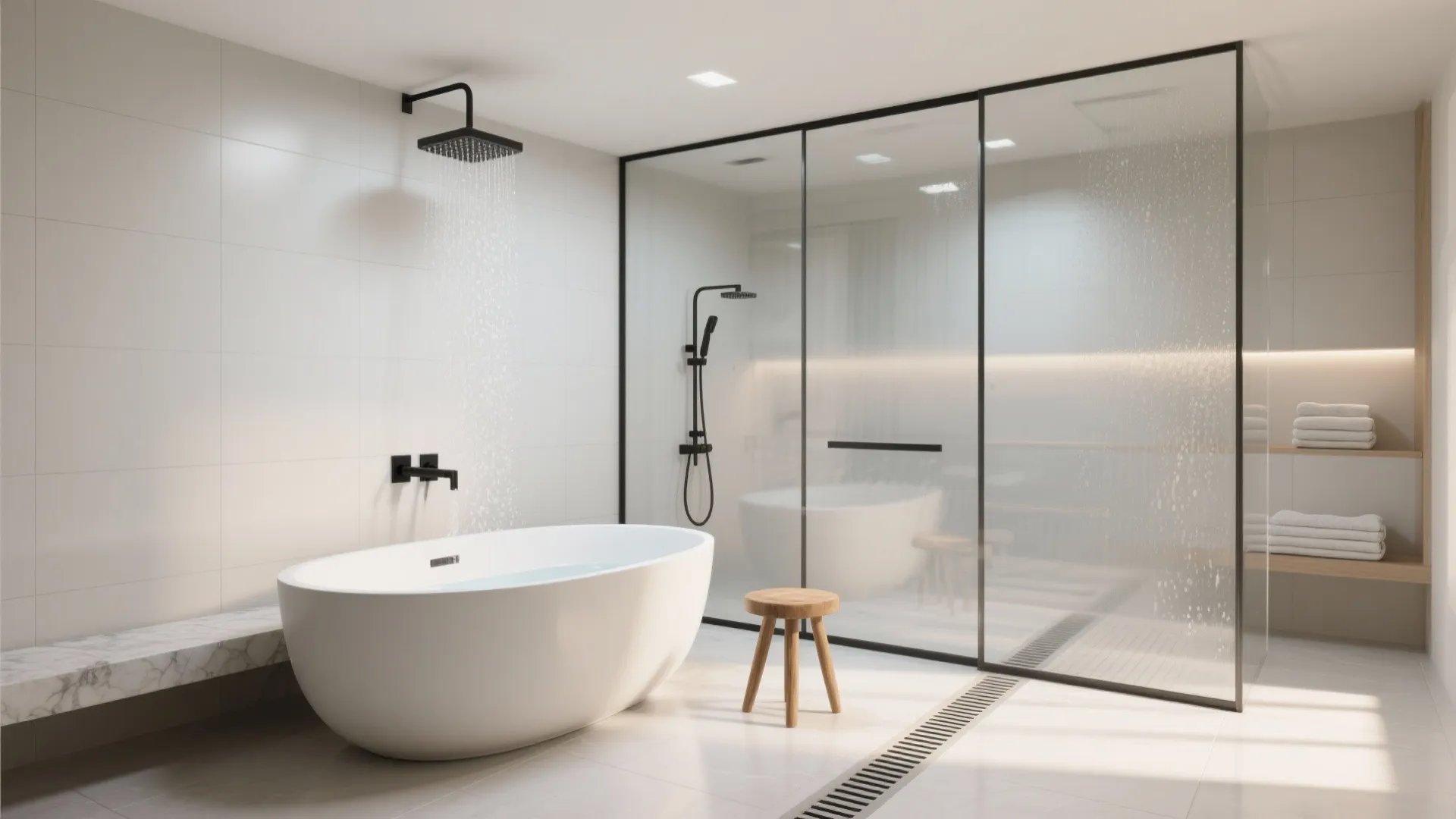Wet room with a freestanding tub and frameless glass