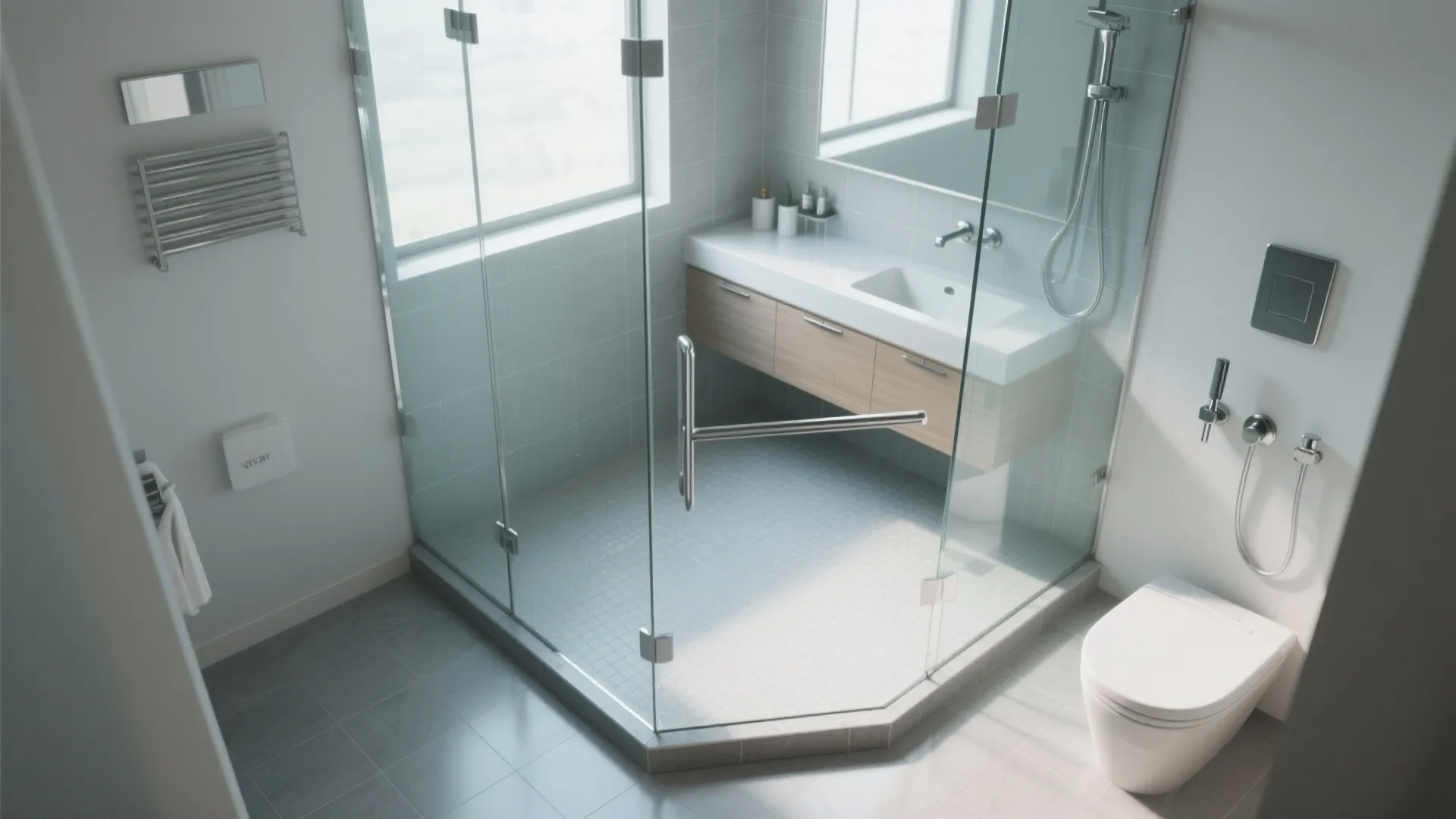 Modern grey bathroom with glass shower door wood cabinet white sink toilet and natural light