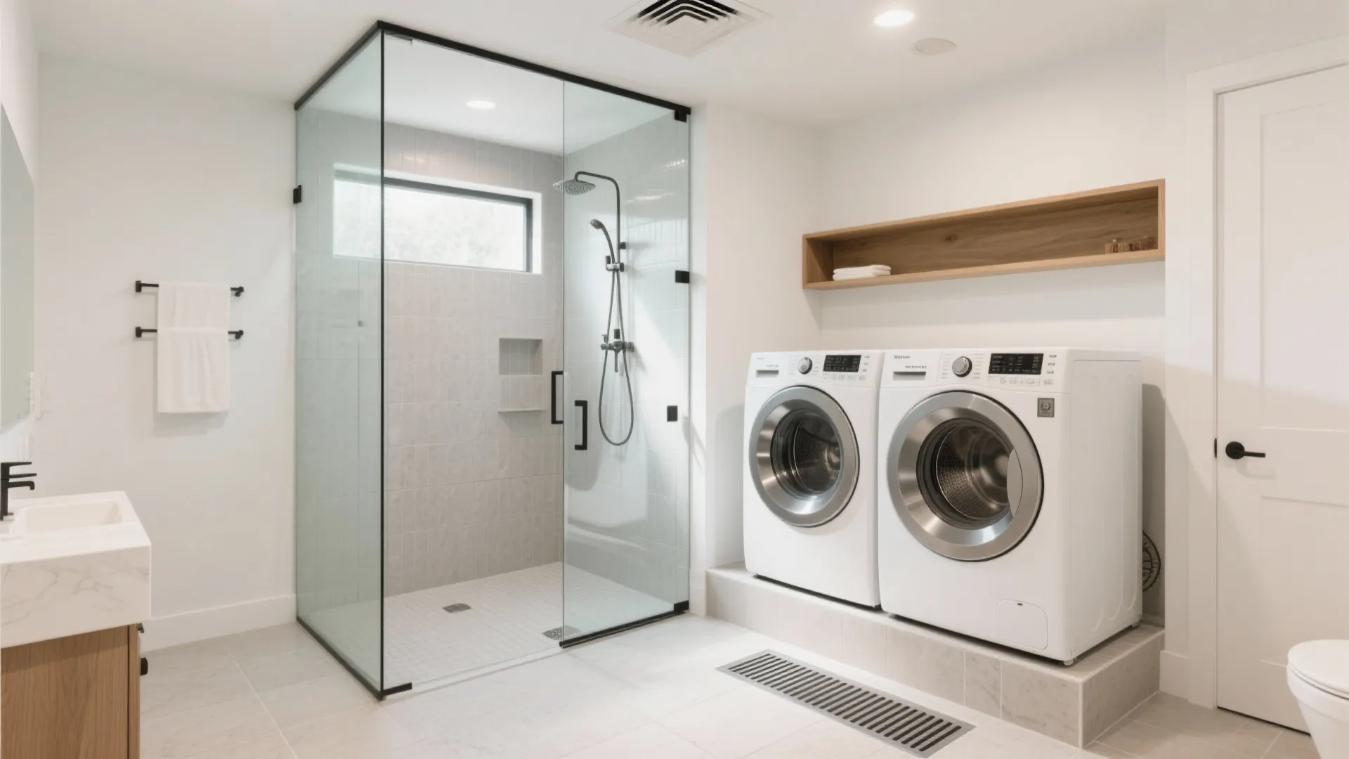 2) Wet room shower with glass to share waterproofing and air