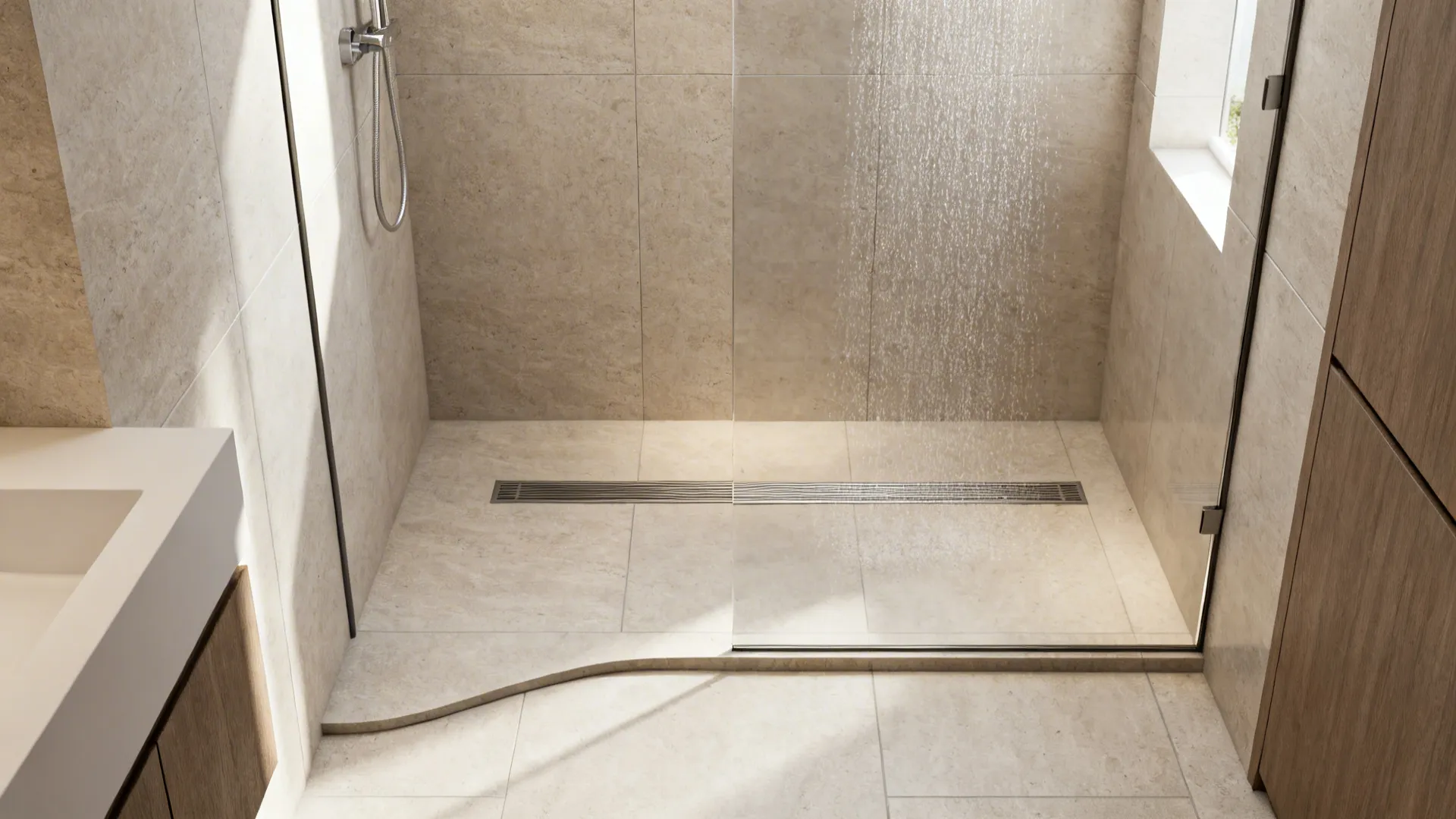 Compact walk-in wet room with single glass panel and rain shower on pale stone tiles