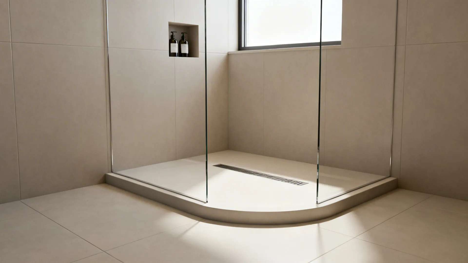 Small walk-in wet room with frameless glass partition and linear drain on pale large-format tile.