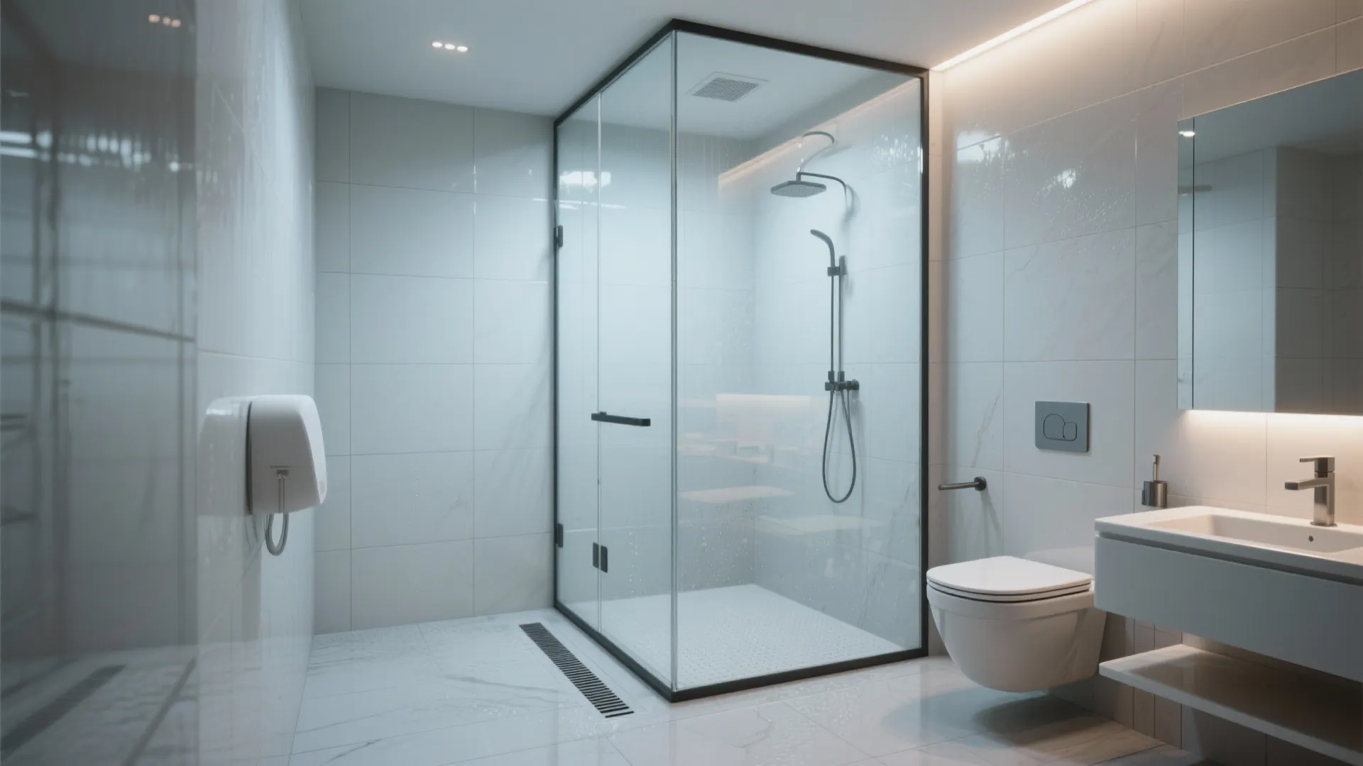Wet-room style small bathroom with a single frameless glass partition and linear drain.