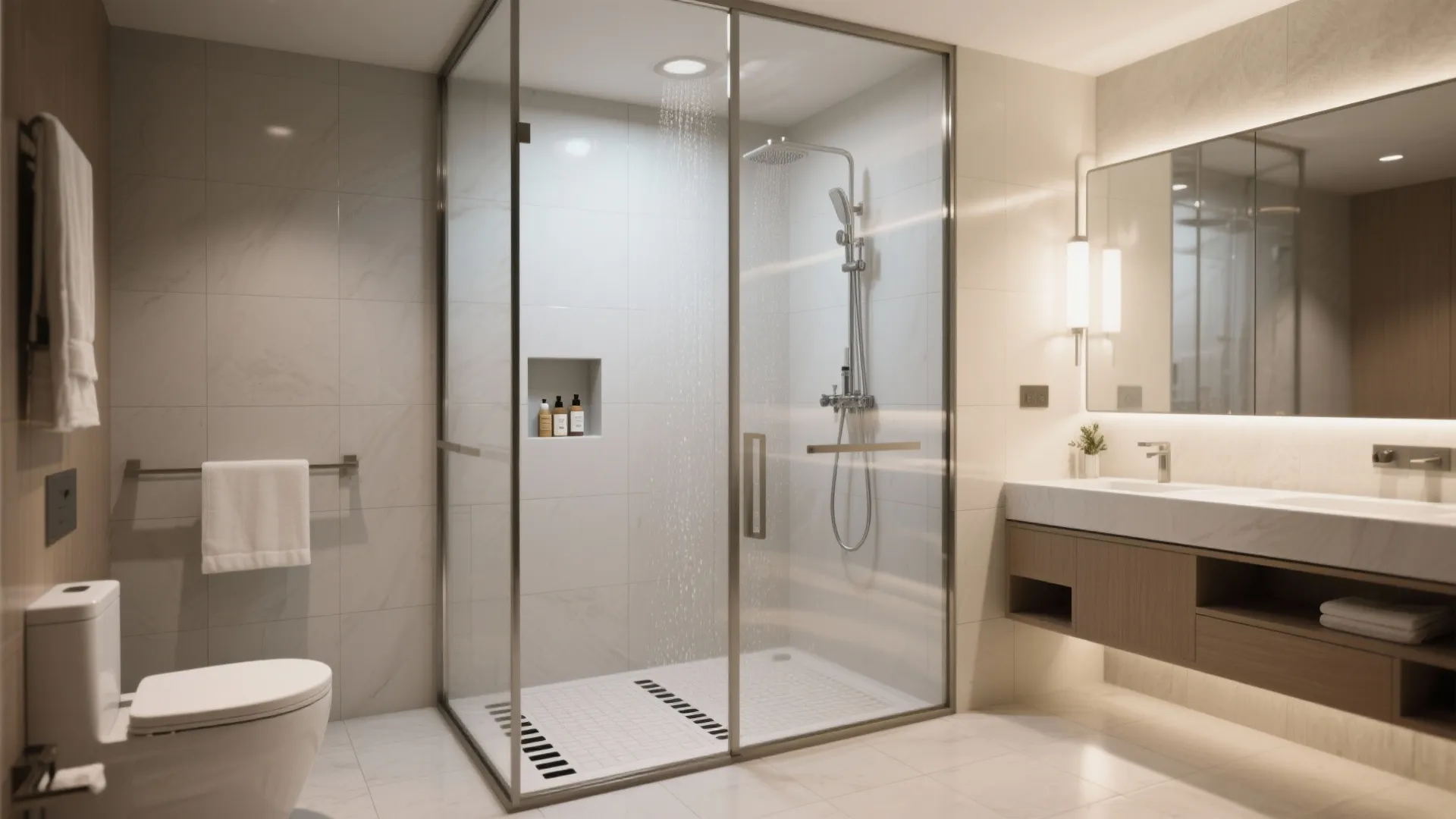2. Wet-room shower with glass partition