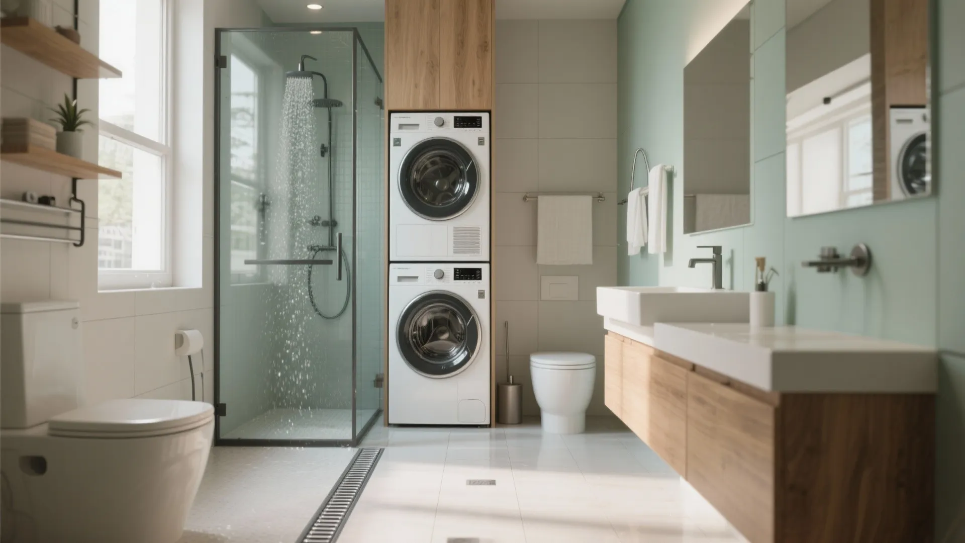 Wet-room thinking: stack the laundry inside a glass-lined zone