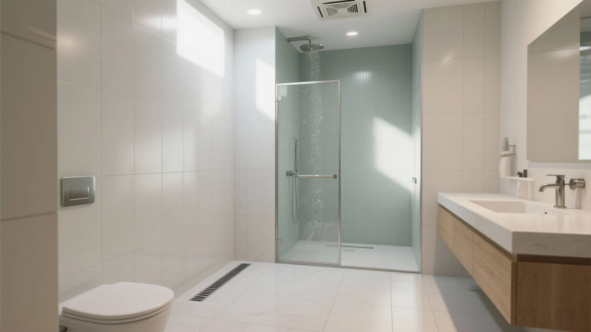 Modern white bathroom featuring glass shower door with light blue tiles and wooden sink cabinet