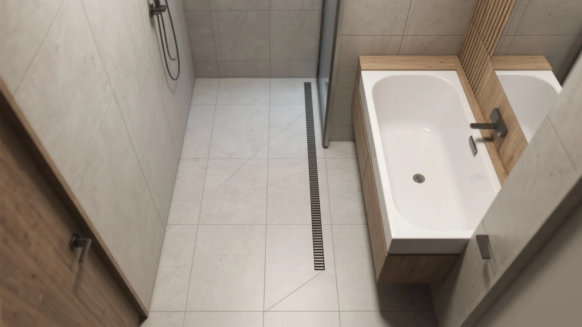 Modern bathroom top view showing a long floor drain next to a white bathtub with wood