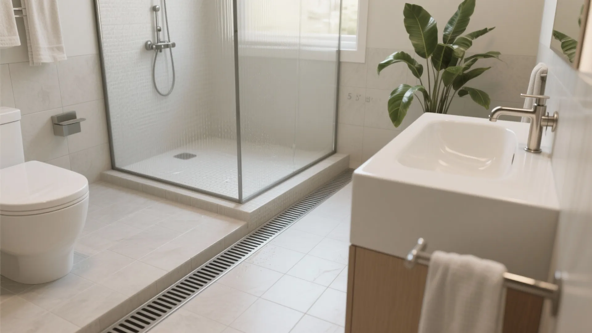Wide view of a wet-room styled small bathroom with a low curb, linear drain, and continuous floor tiles.