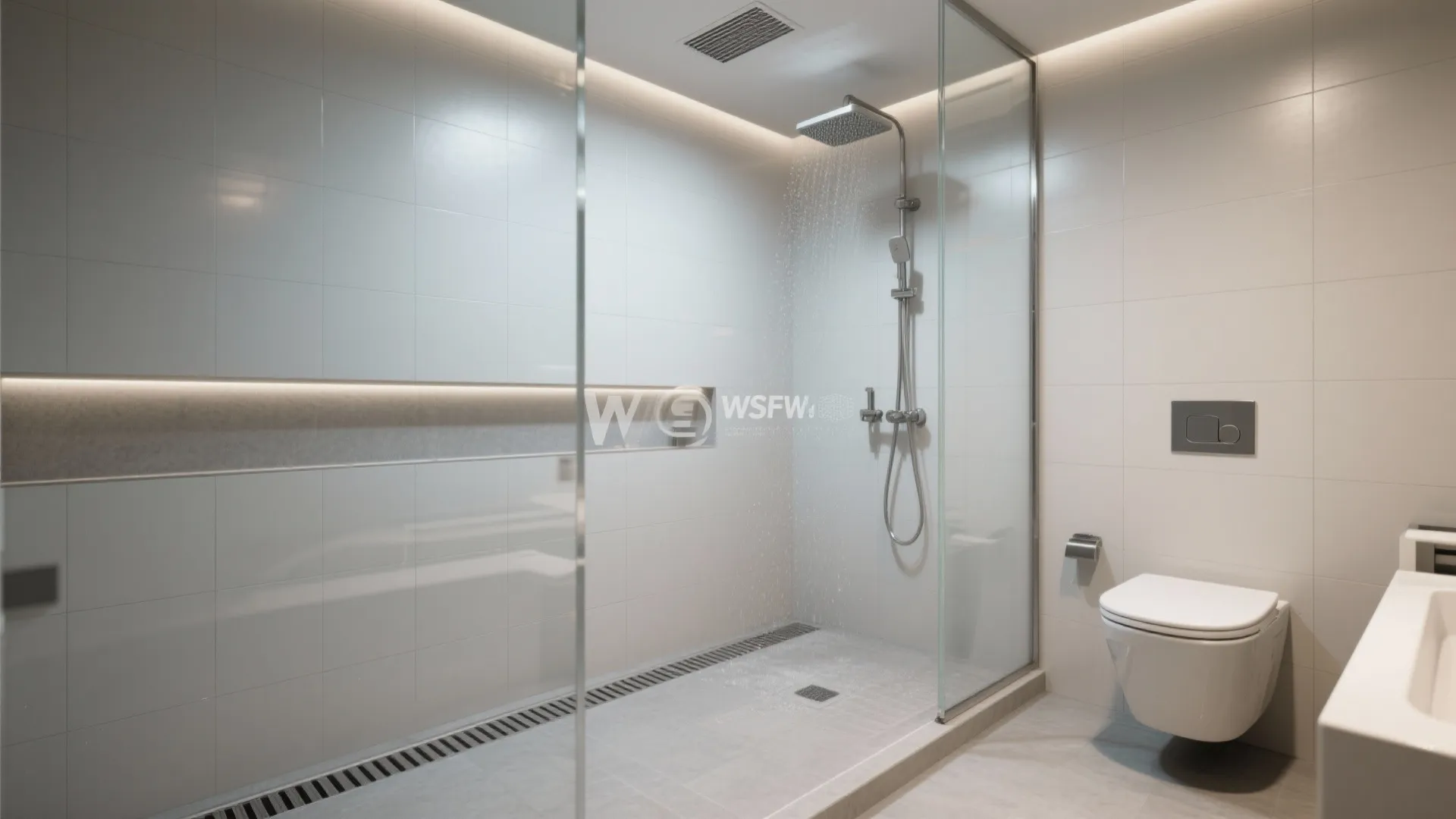Wet room with a linear drain, glass screen, and separate ventilation near shower and toilet.