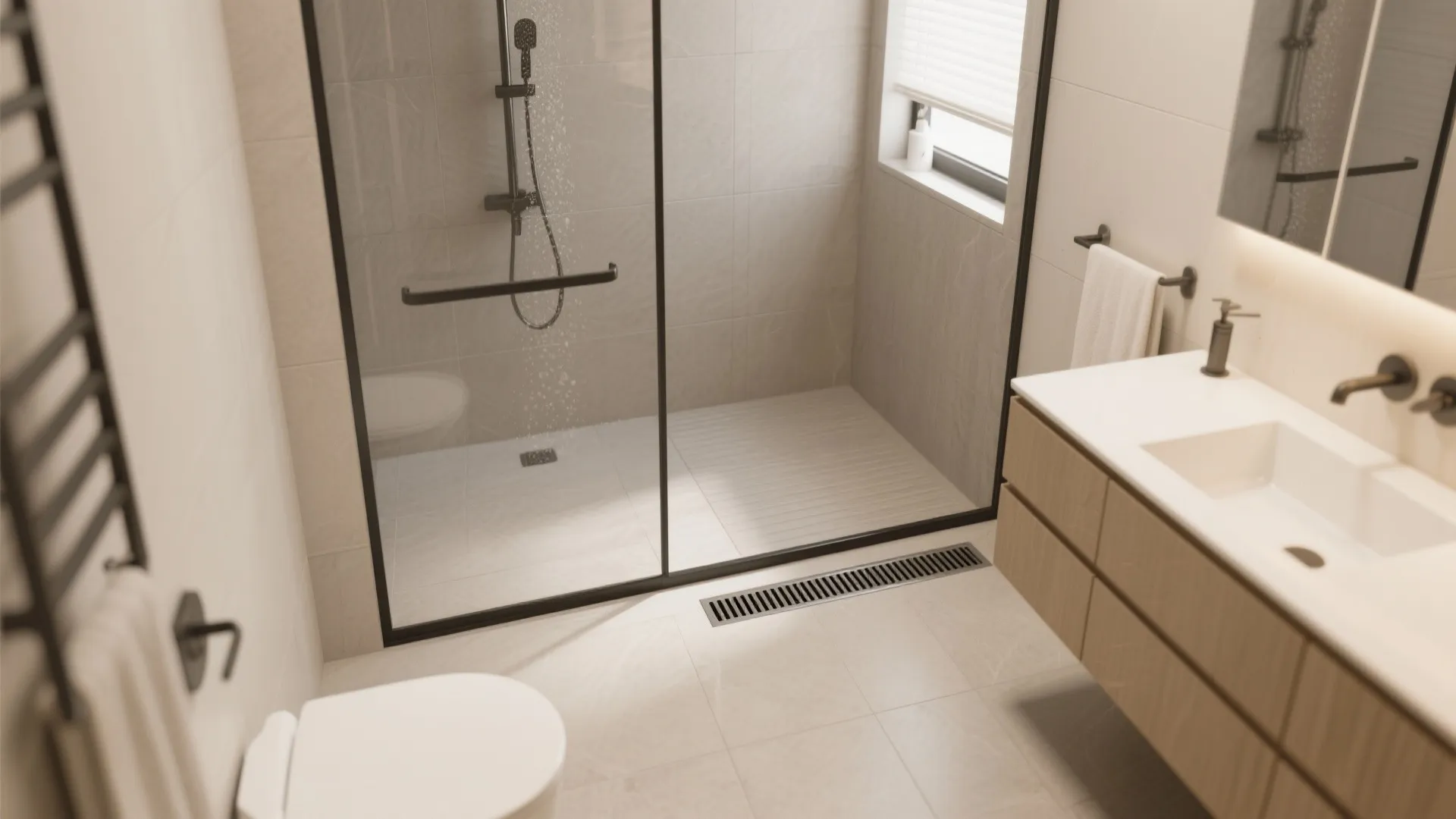 3) Wet room strategy with continuous floor and linear drain