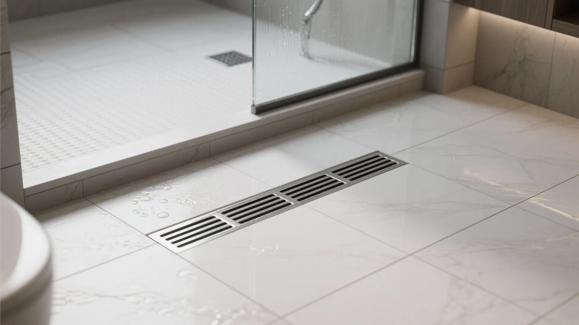 Modern bathroom floor with long metal drain, white marble tiles, and a glass shower door
