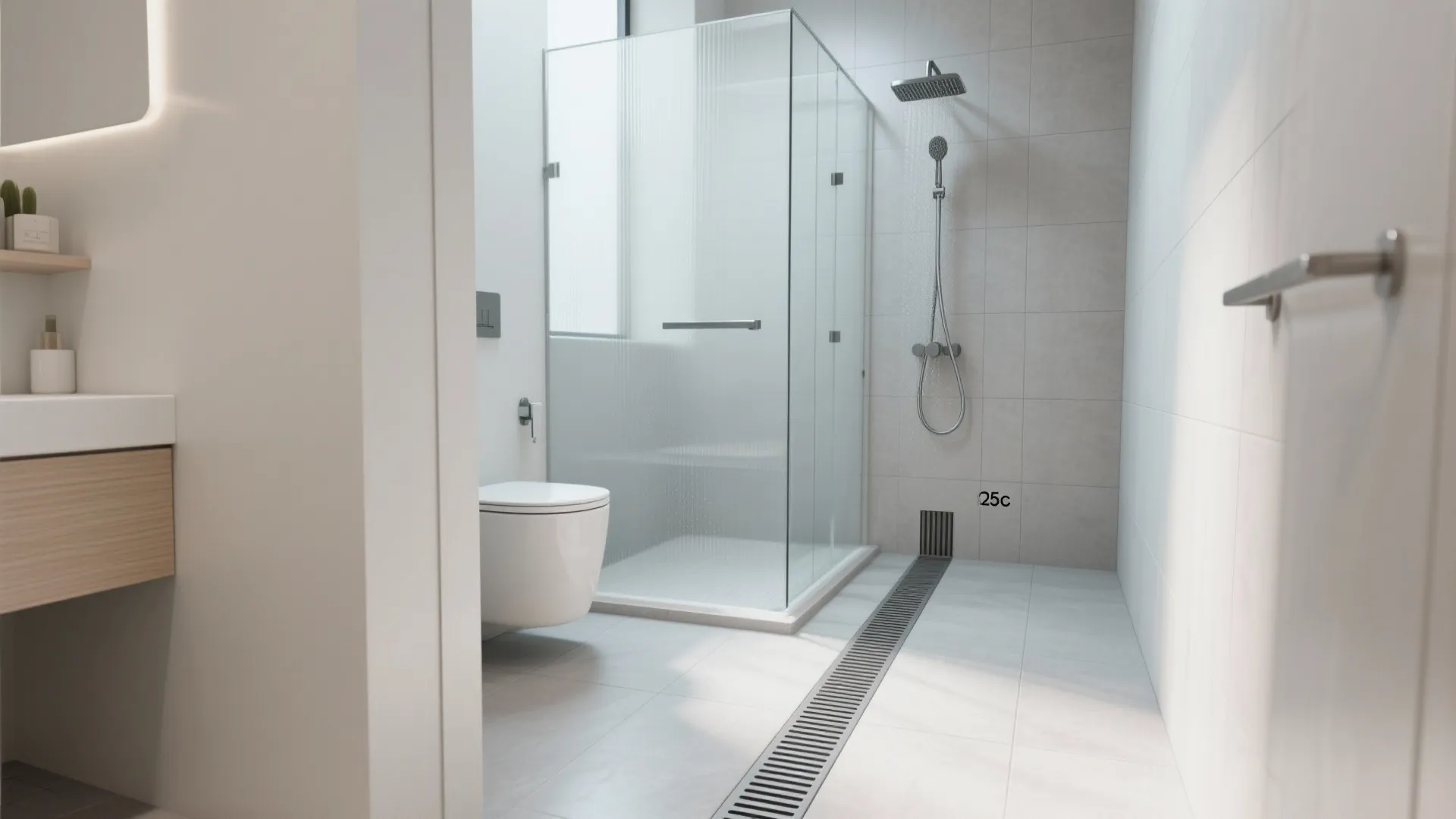 Wet room shower with a linear drain