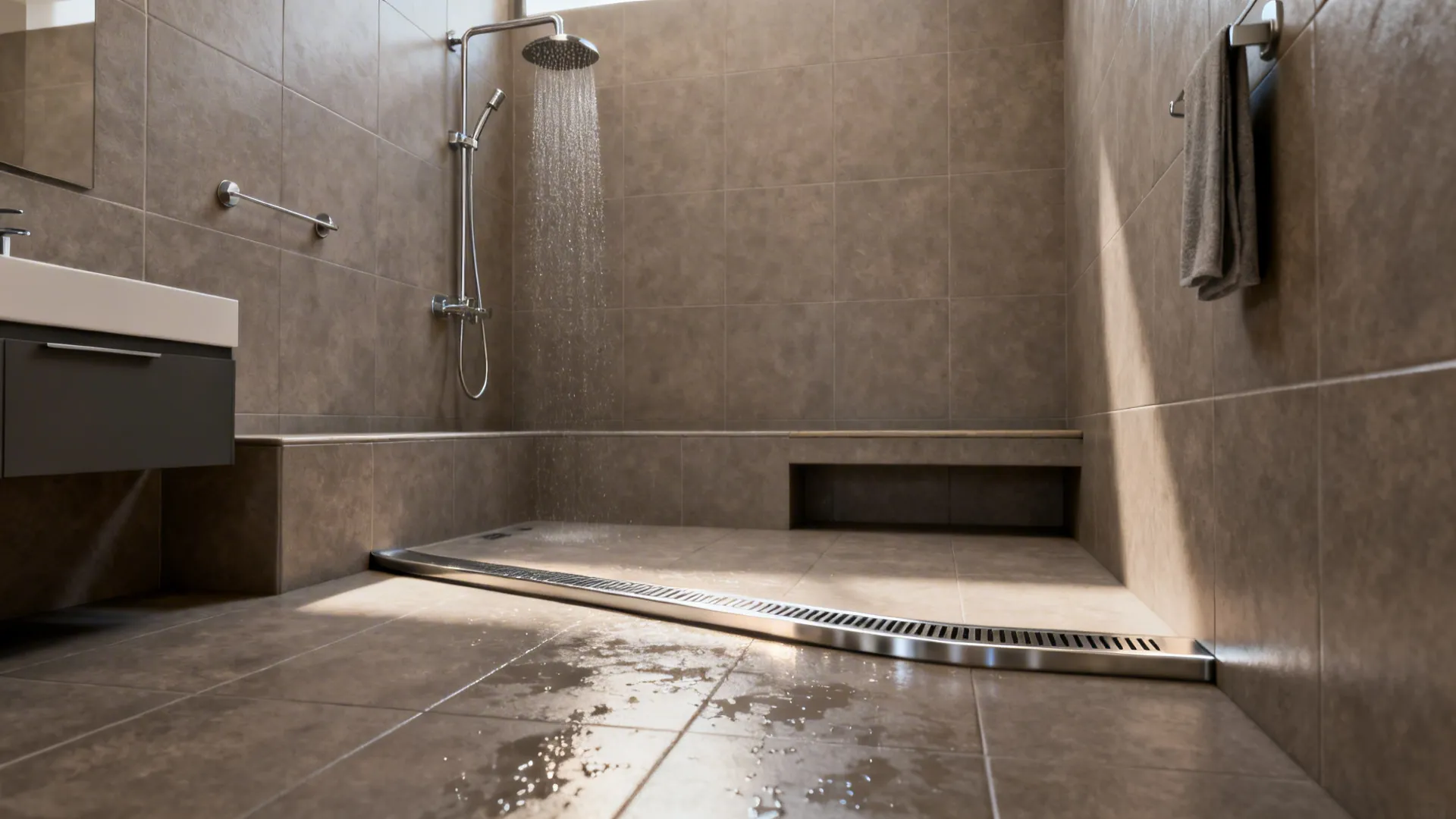 Compact wet-room bathroom with floor sloped to a linear drain and integrated bench