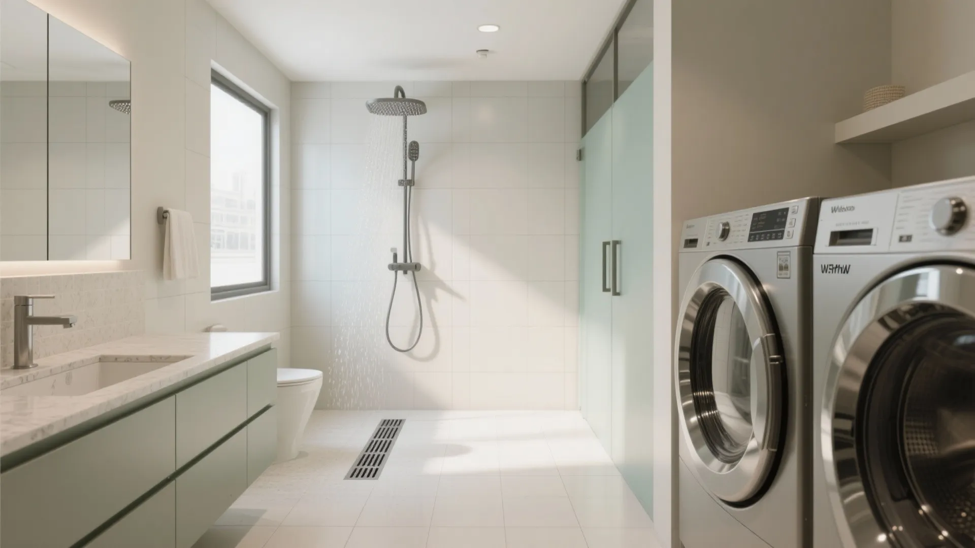 Wet room layout that unites shower and laundry zone