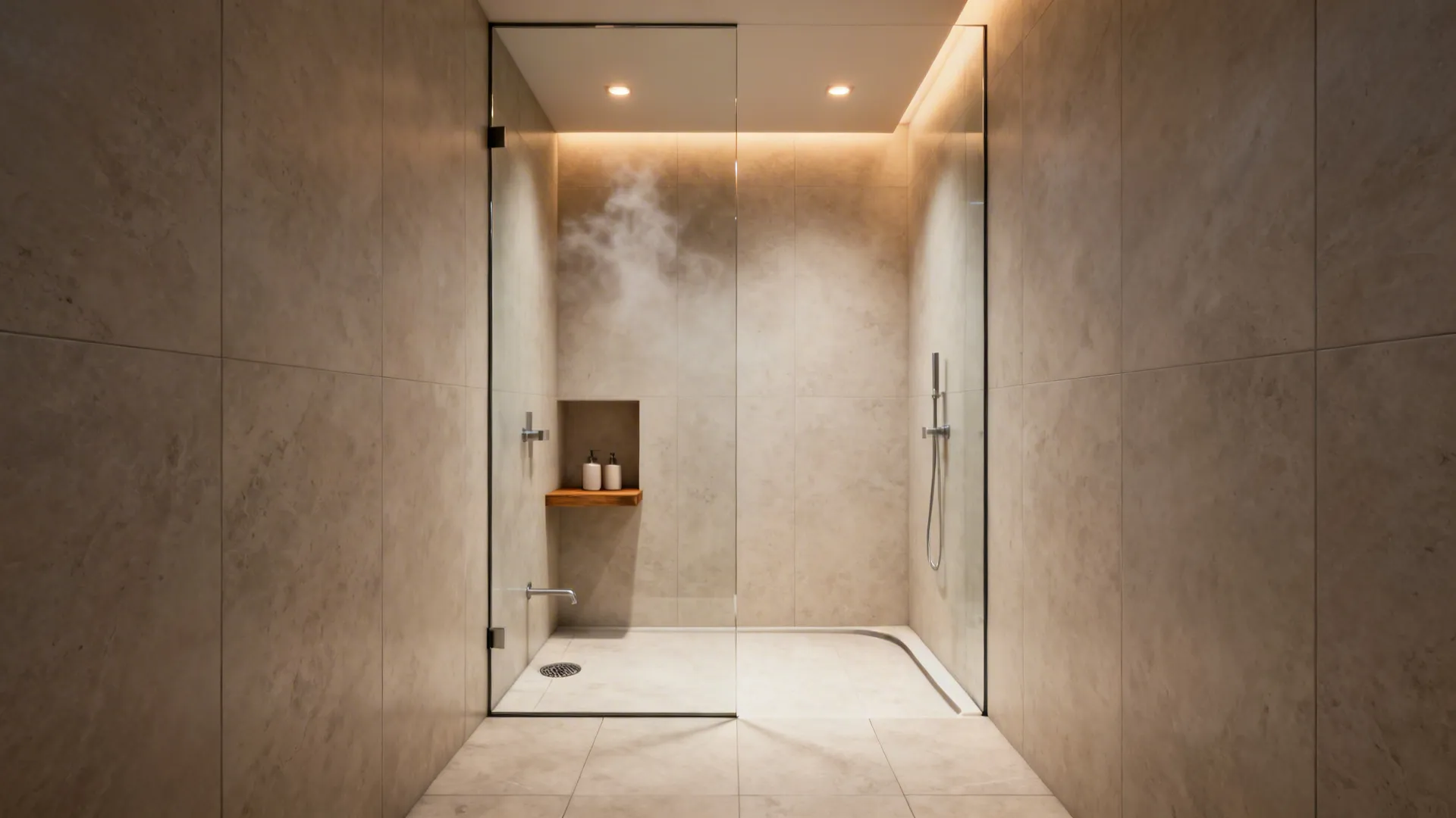 Compact wet room micro-spa with single glass panel, large-format tiles and built-in niche