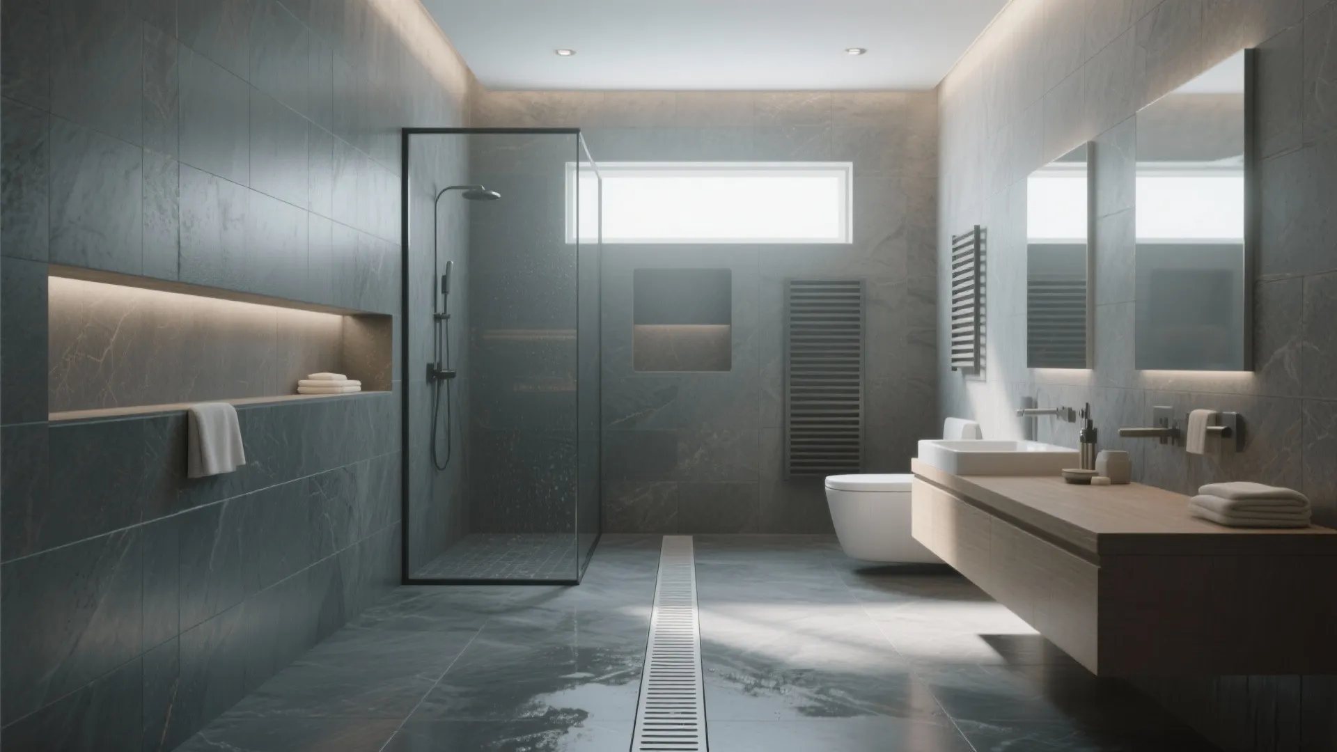 Open wet-room style bathroom with linear drain and seamless flooring for a spa-like feel
