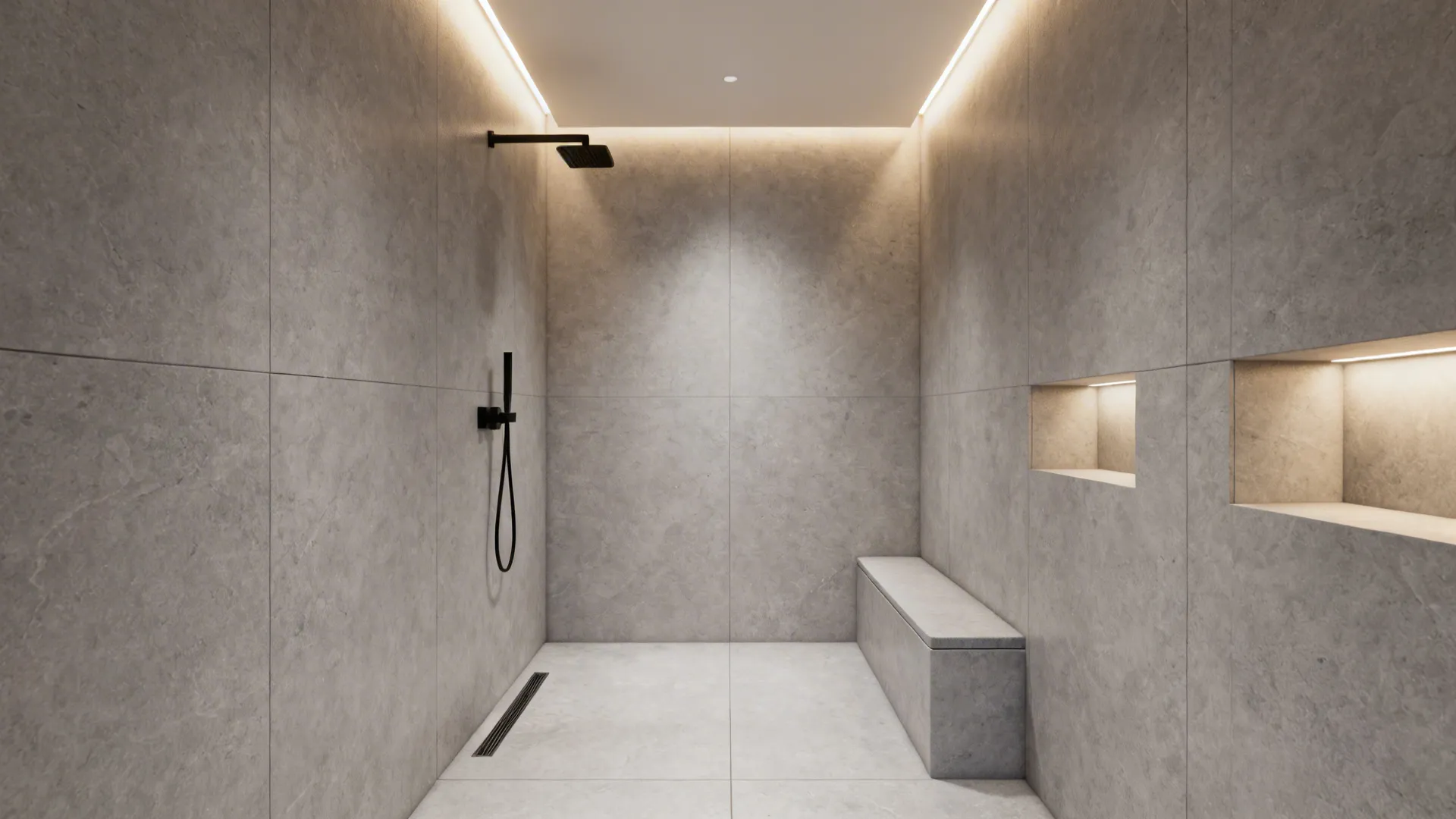 Minimal wet room conversion in a small bathroom with seamless tiles and a linear drain for a spa-like feel.