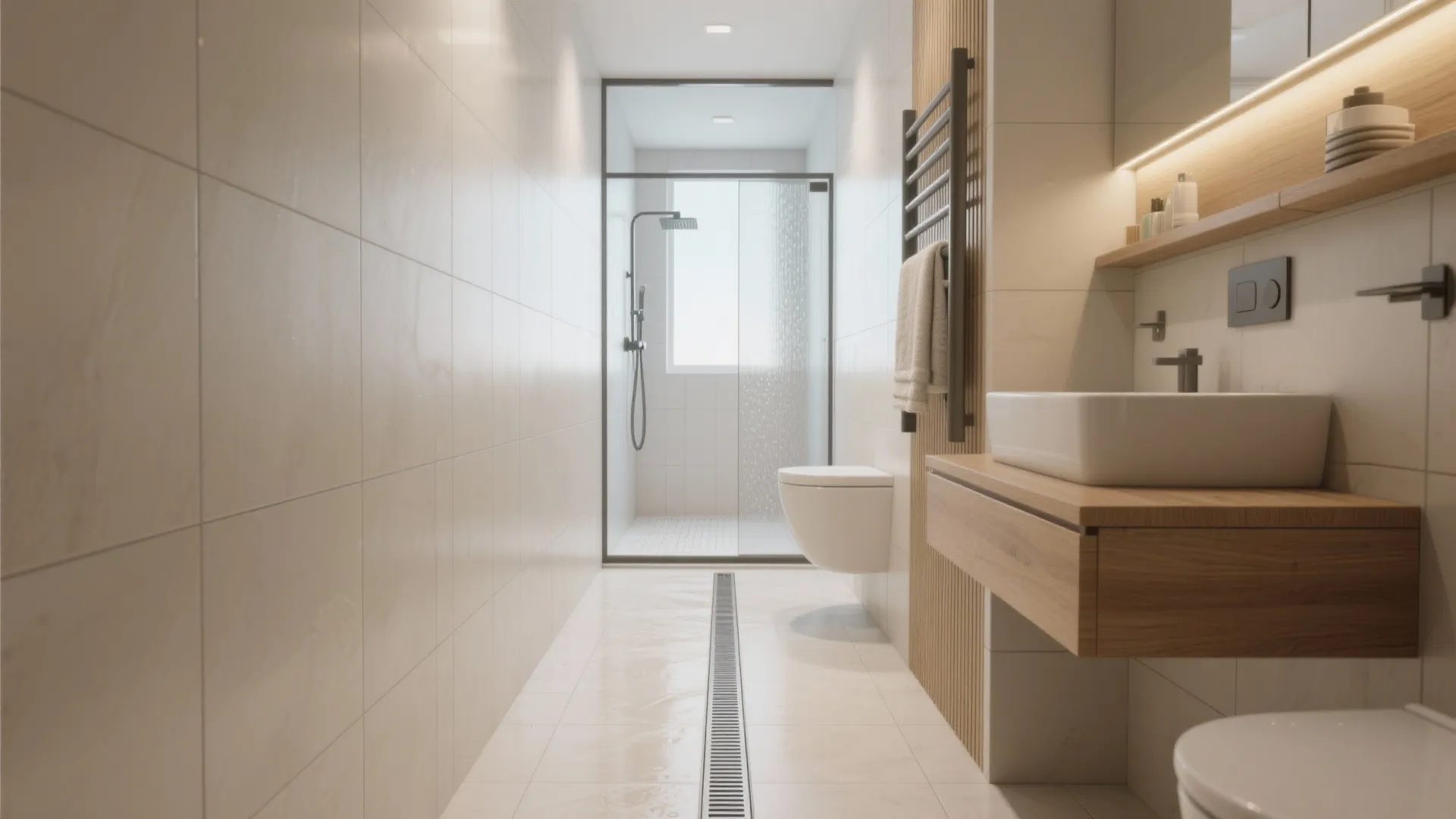 Narrow wet-room style bathroom with continuous large-format tiles and linear drain