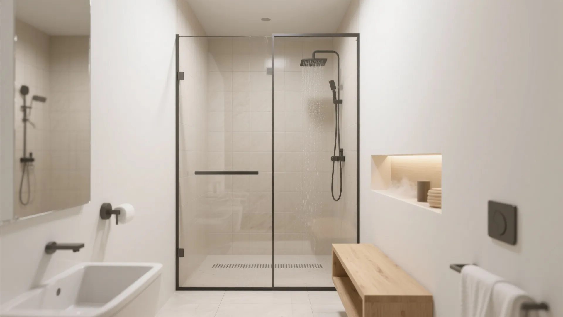 Modern bathroom with glass shower door black light fixture wooden bench white sink and wall tiles