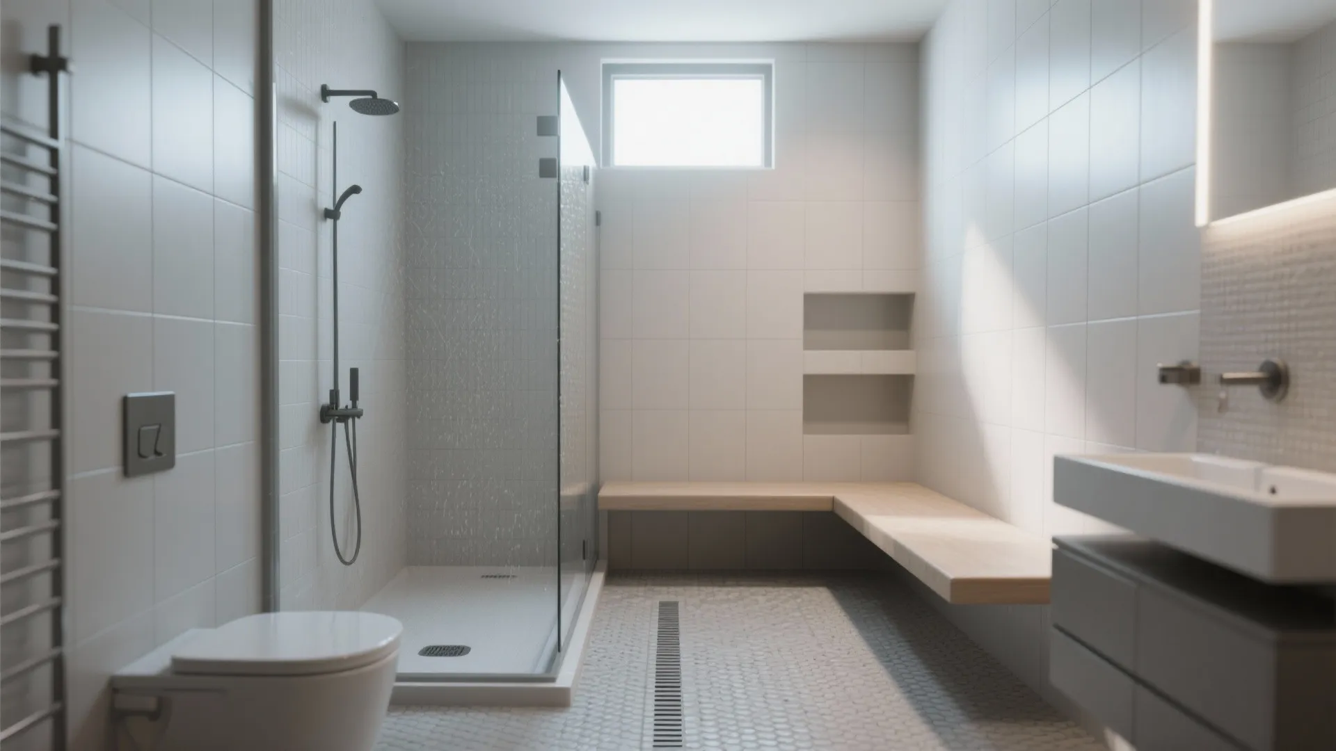 Modern white bathroom featuring walk in shower with glass screen wooden bench and white toilet