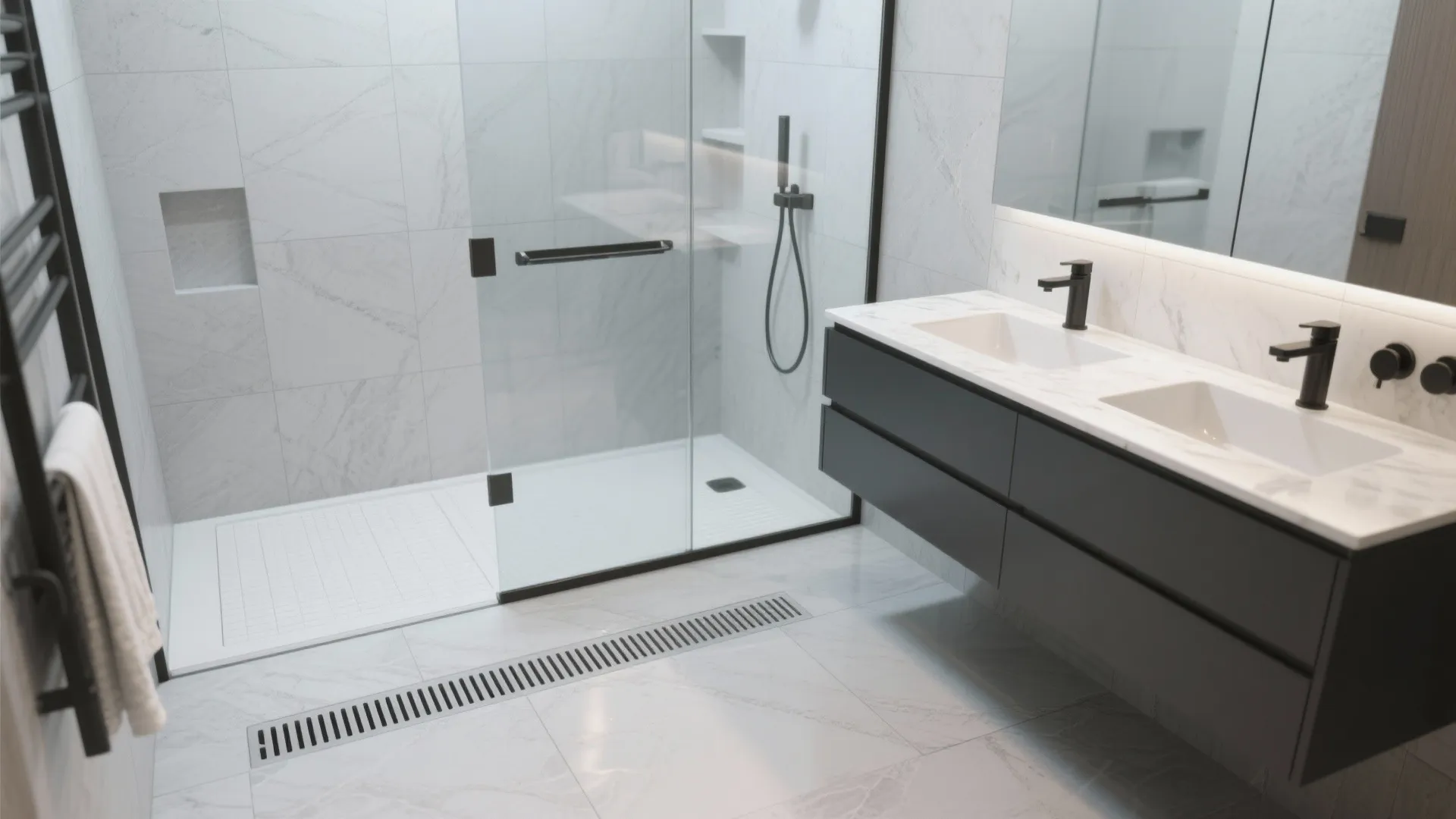 Modern bathroom with glass shower door black vanity and double white sinks with black faucets