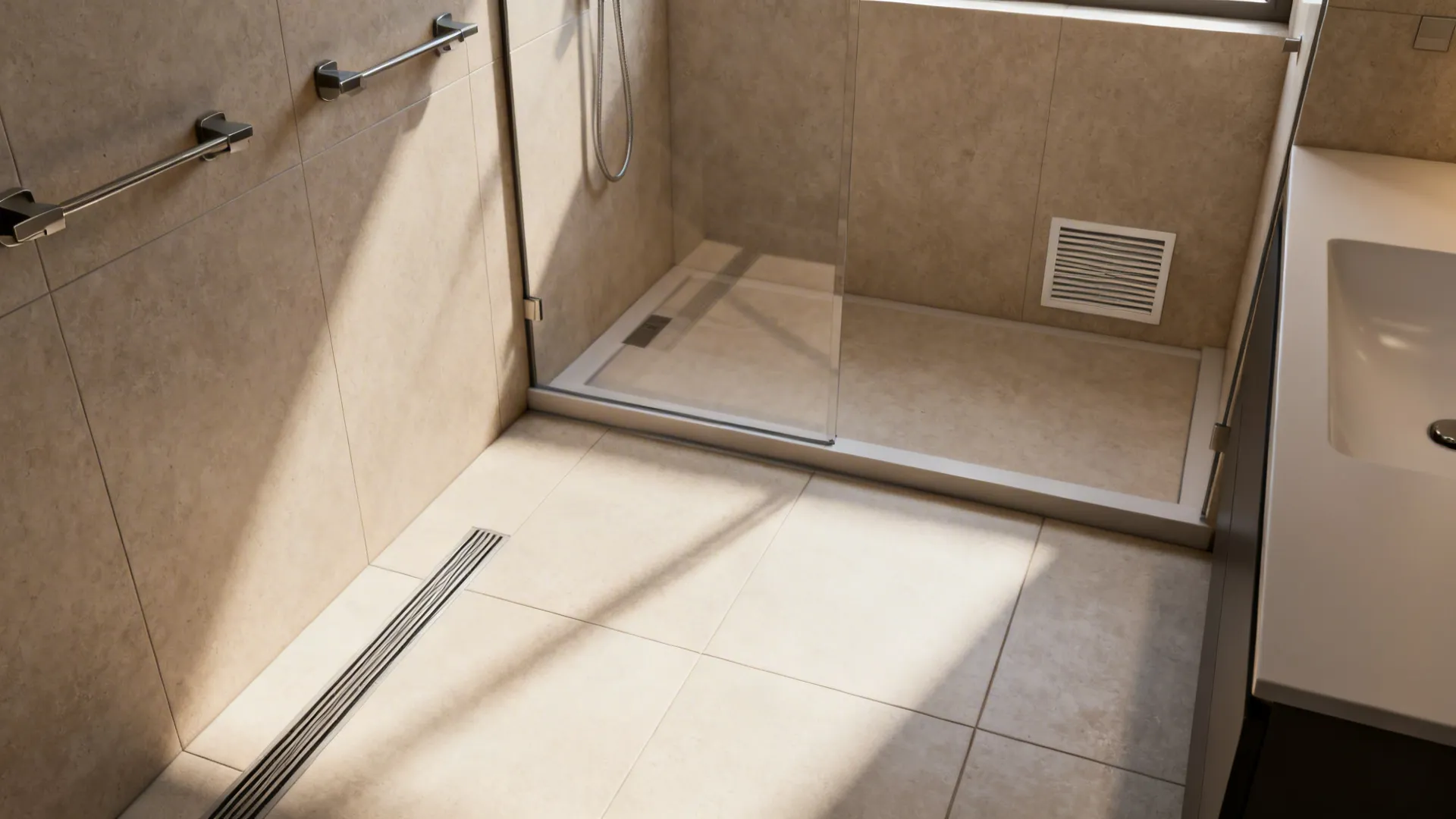 Wet-room style bathroom with continuous floor and linear drain for seamless flow.