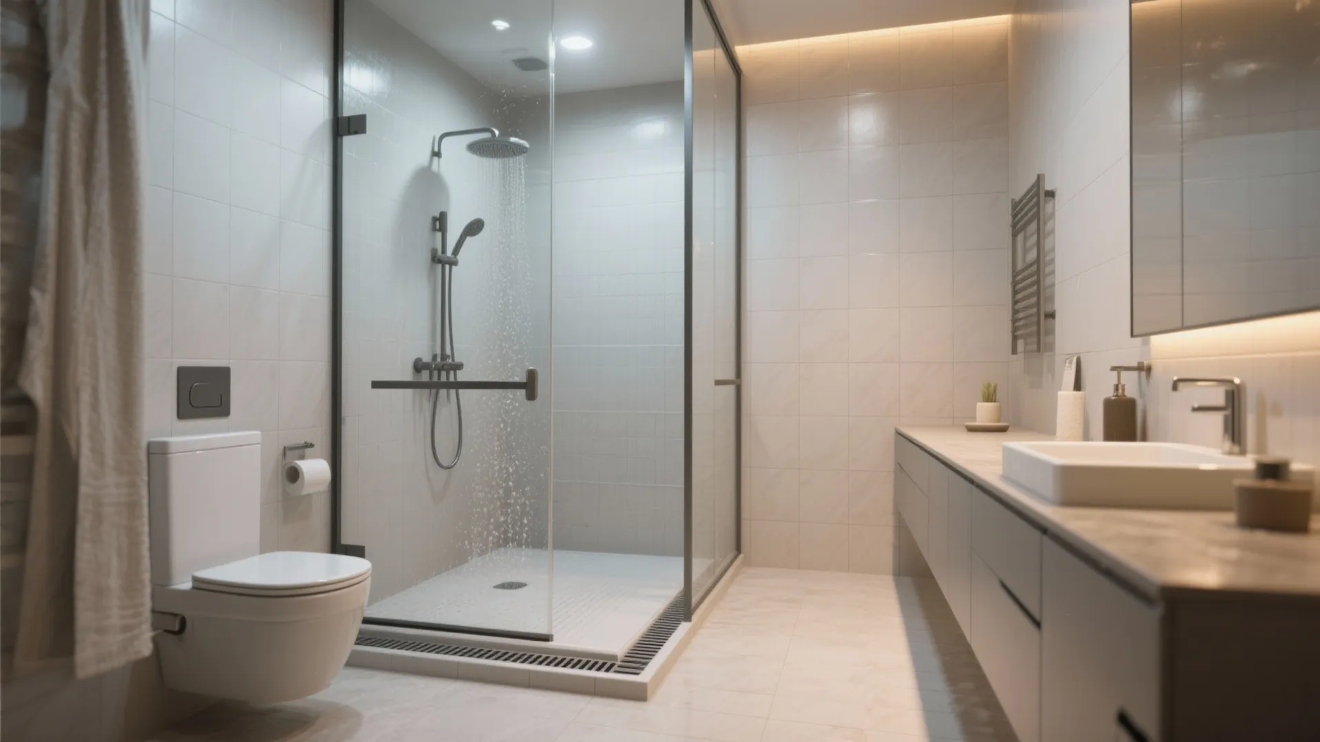 Modern bathroom interior featuring glass shower room with white wall tiles and white toilet seat