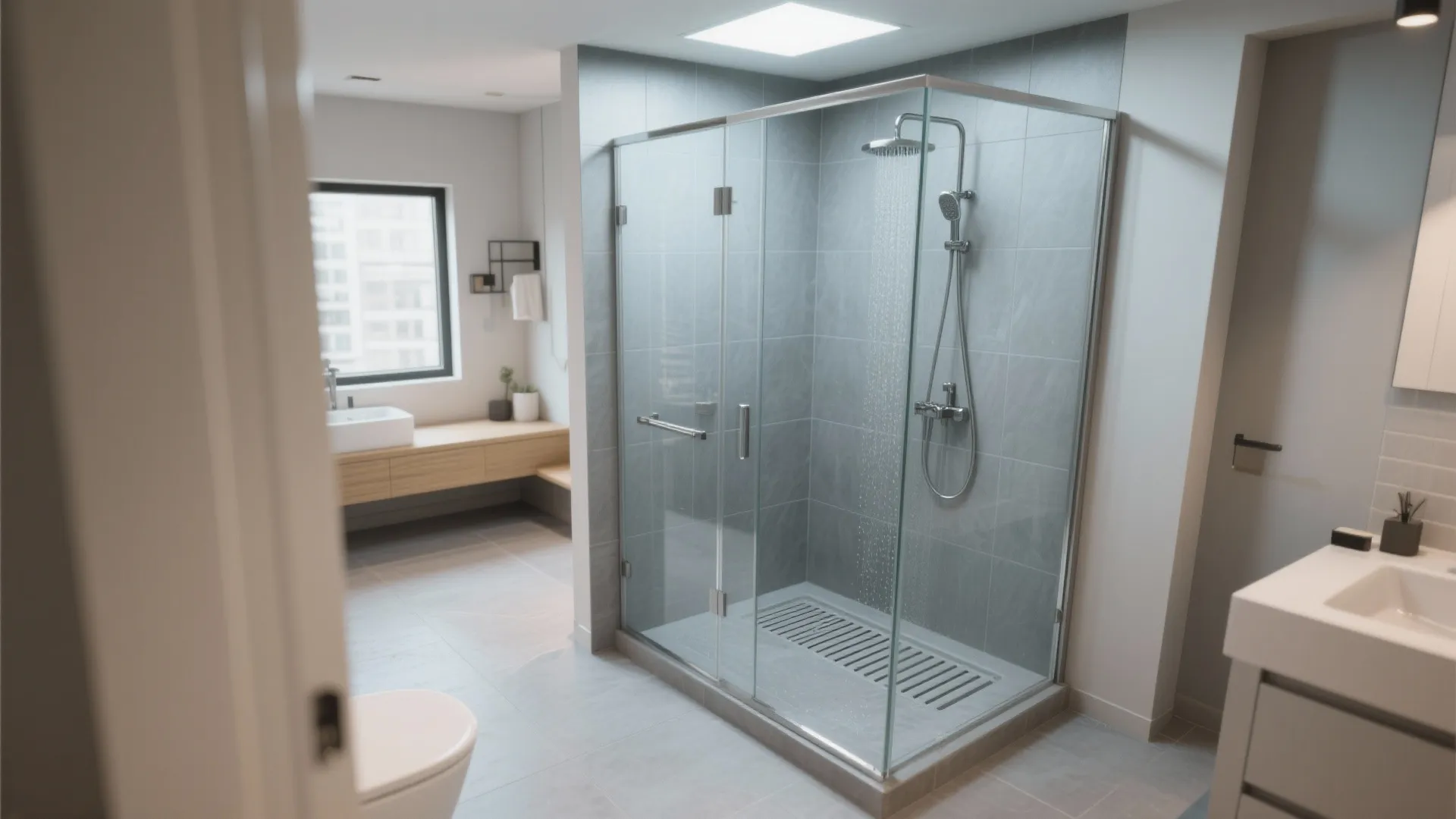 Modern bathroom interior design with glass shower stall grey tiles wood cabinet and white bathroom sink