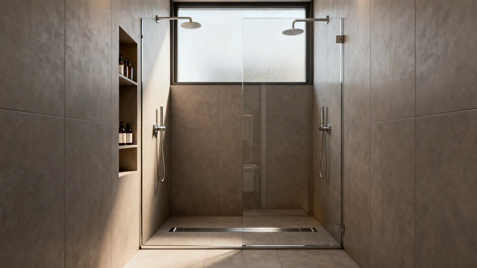 Curbless wet-room shower with single glass panel, linear drain and recessed niche in a small bathroom.