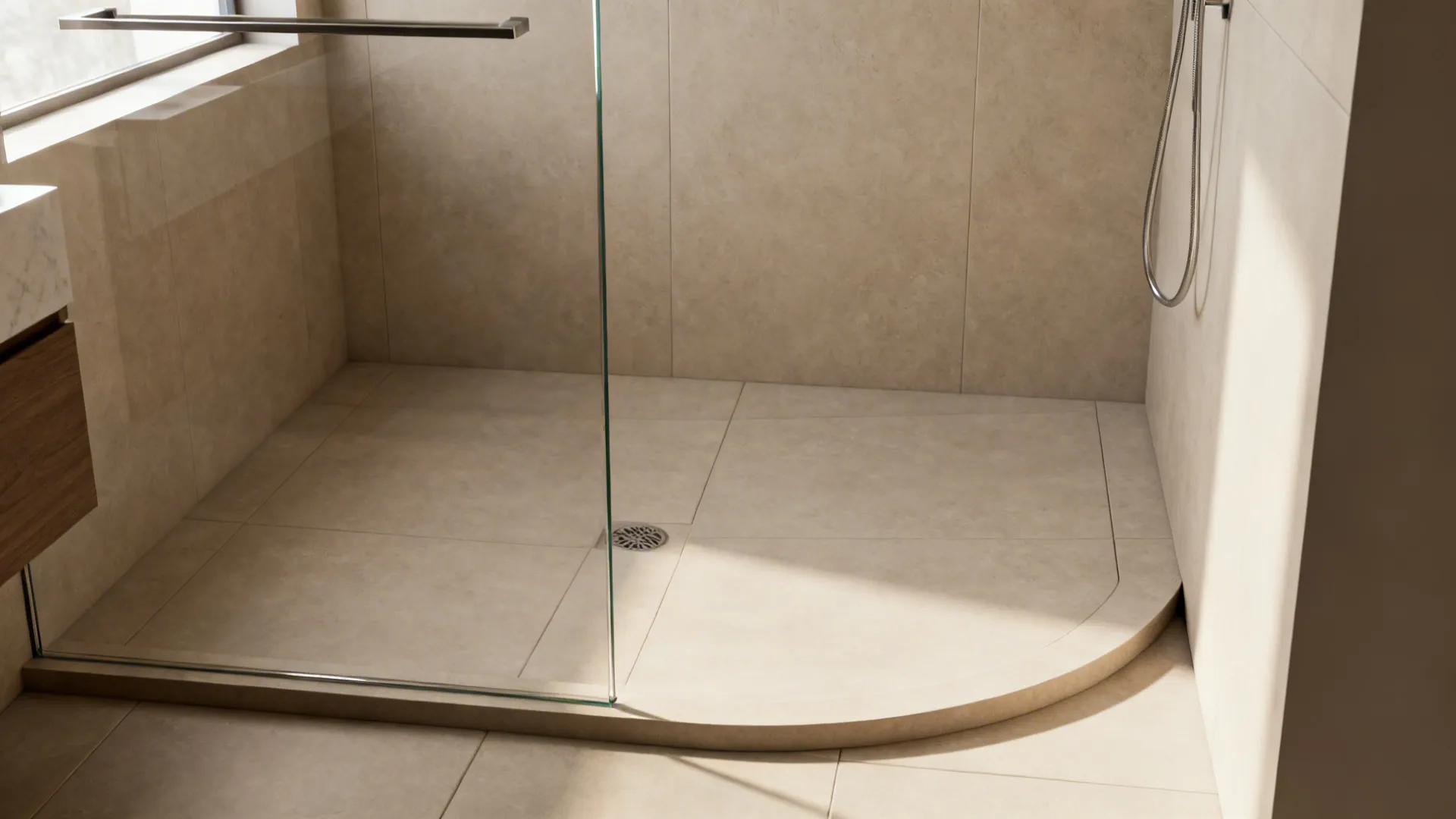 Compact wet-room with a single glass panel and large-format tiles sloped to a drain.