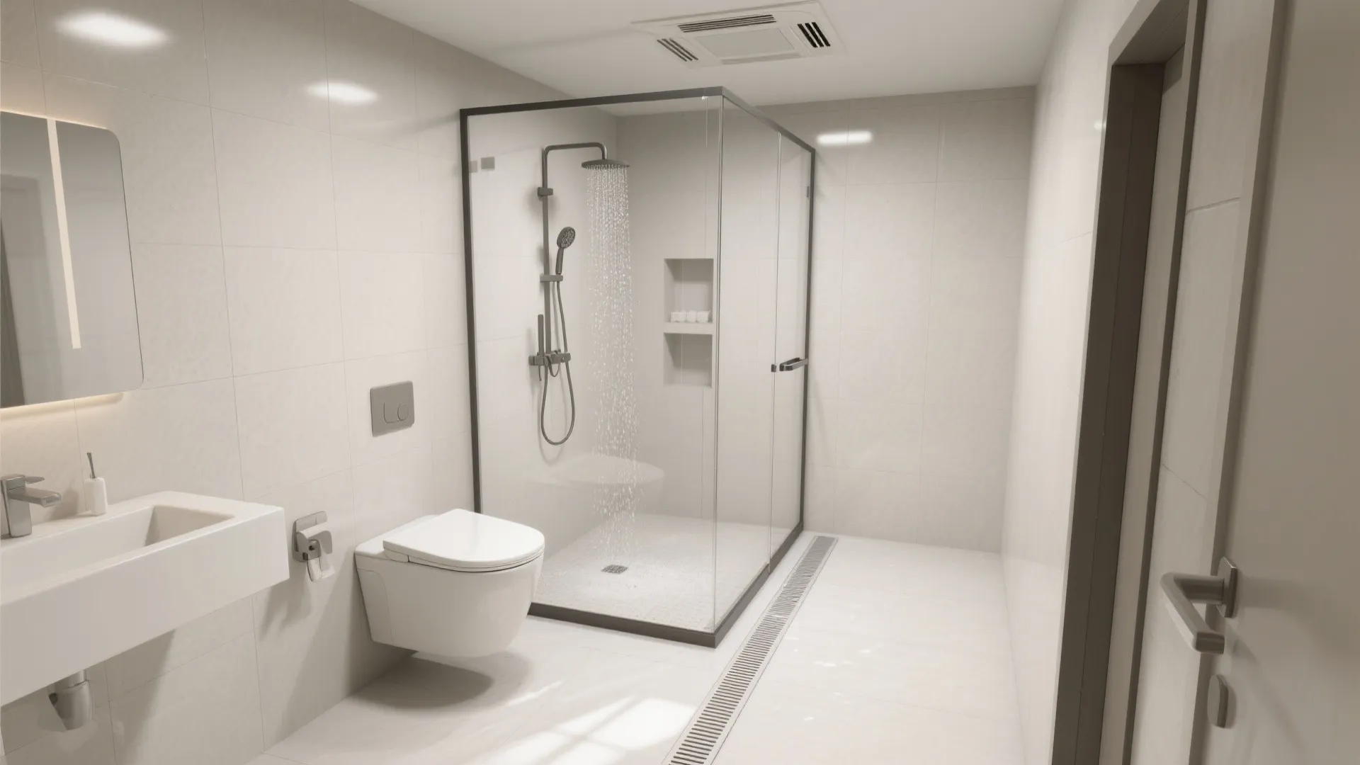 Minimalist white bathroom design with glass shower box wall toilet small sink and grey floor