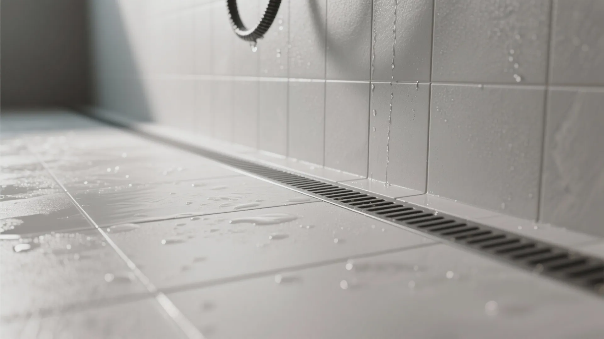 Close up view of wet white floor tiles with water drops and black linear floor drain