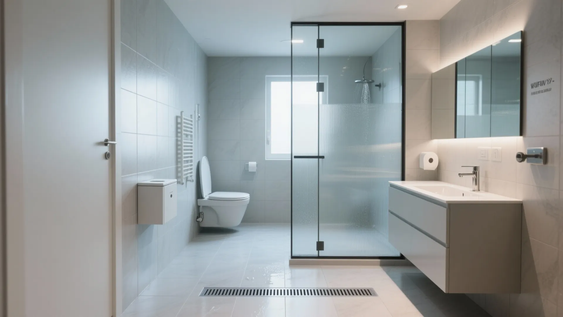 Small wet room with linear drain, frosted glass screen and dry toilet area