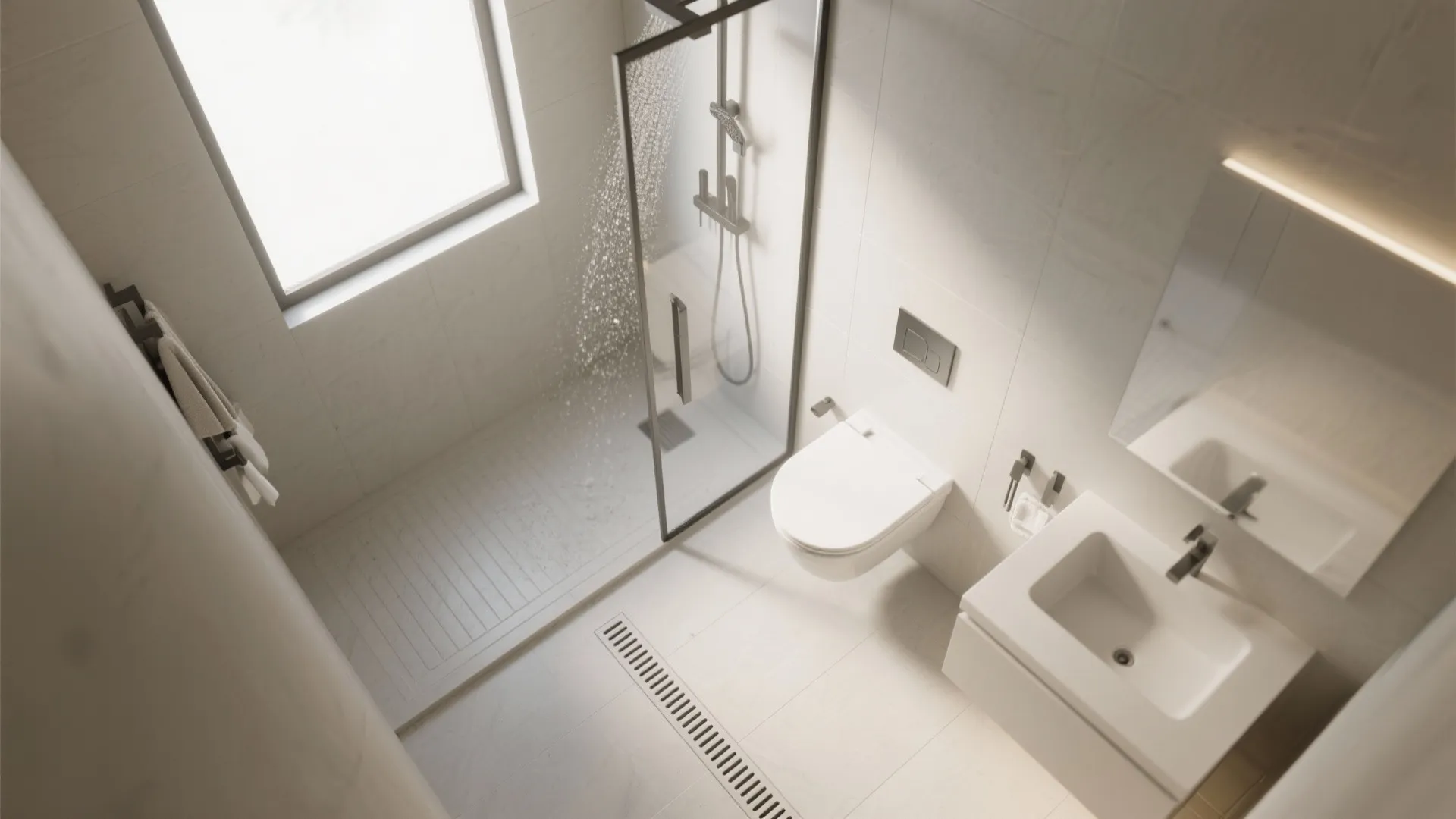 Modern wet room interior design drawing with glass shower door white toilet sink and mirror