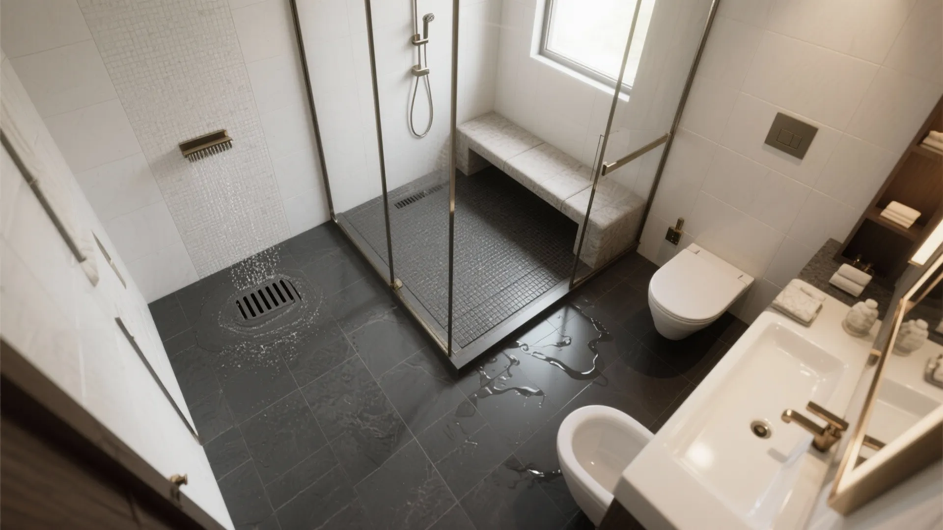 Top view of a modern wet room bathroom with dark floor tiles and glass shower