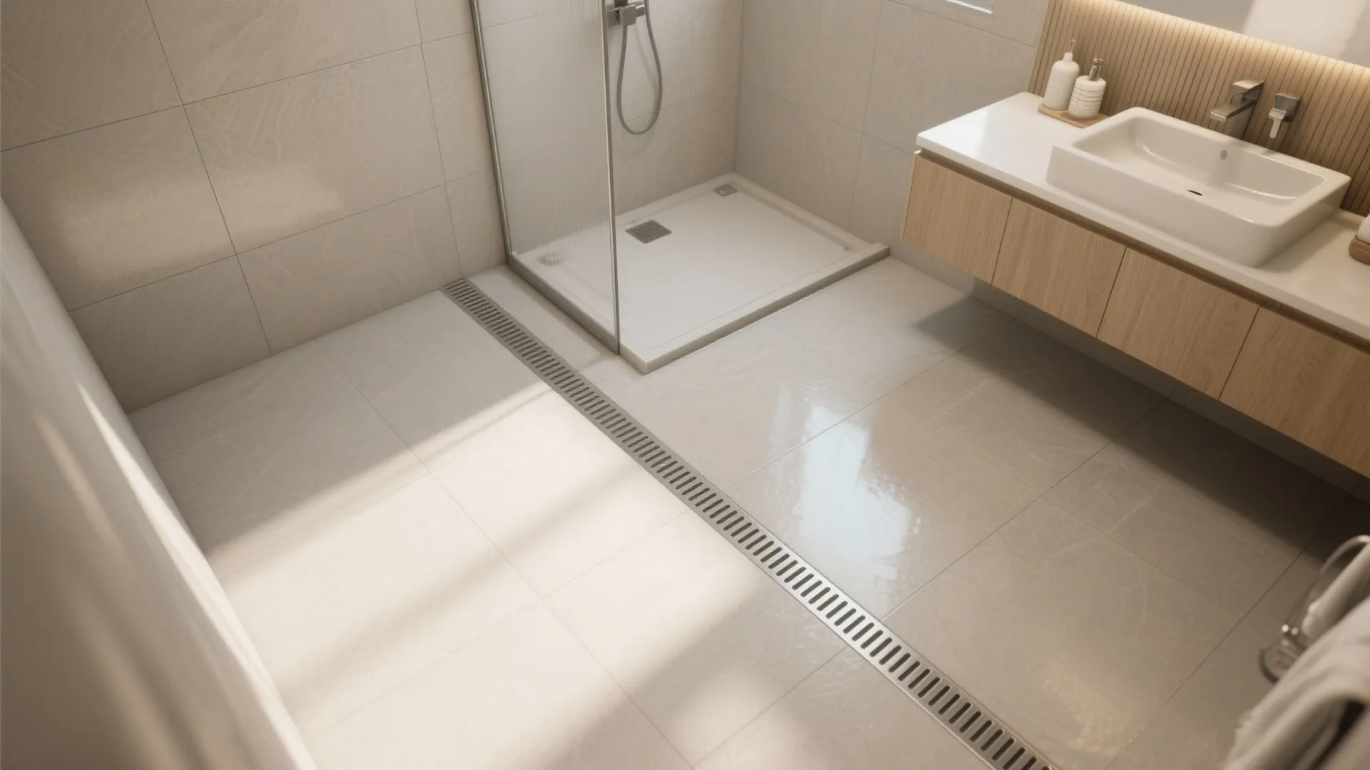 Wet-room strategy with a linear drain