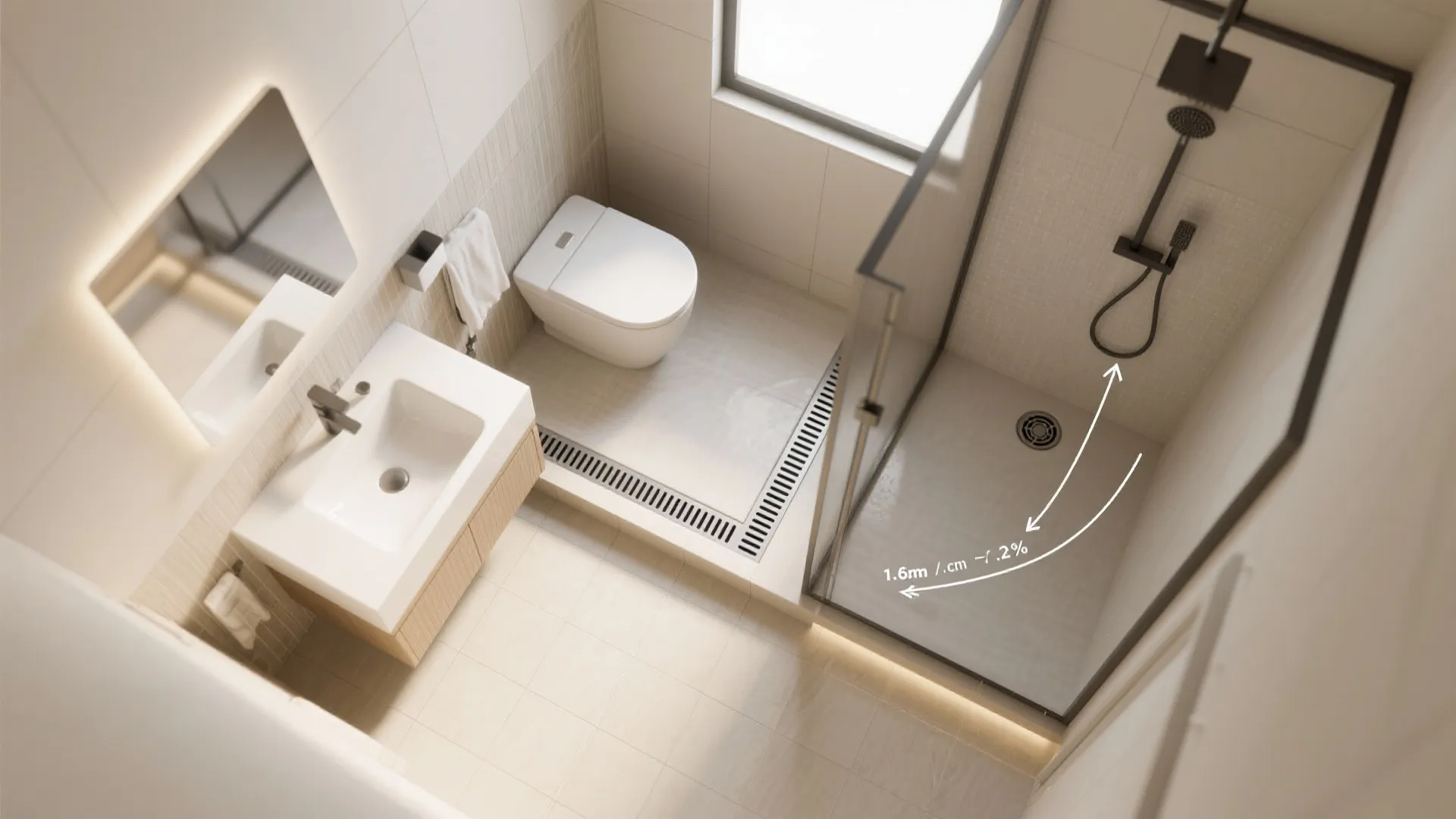 4) Wet-room style with a curbless shower and linear drain