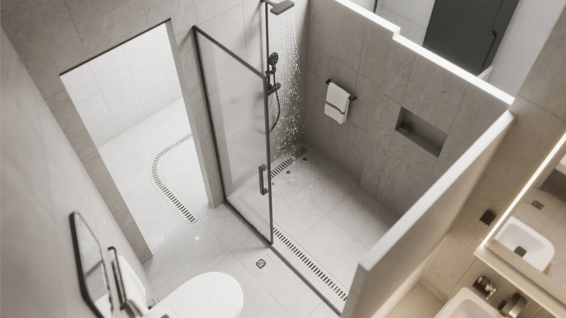 Wet room layout with smart drainage