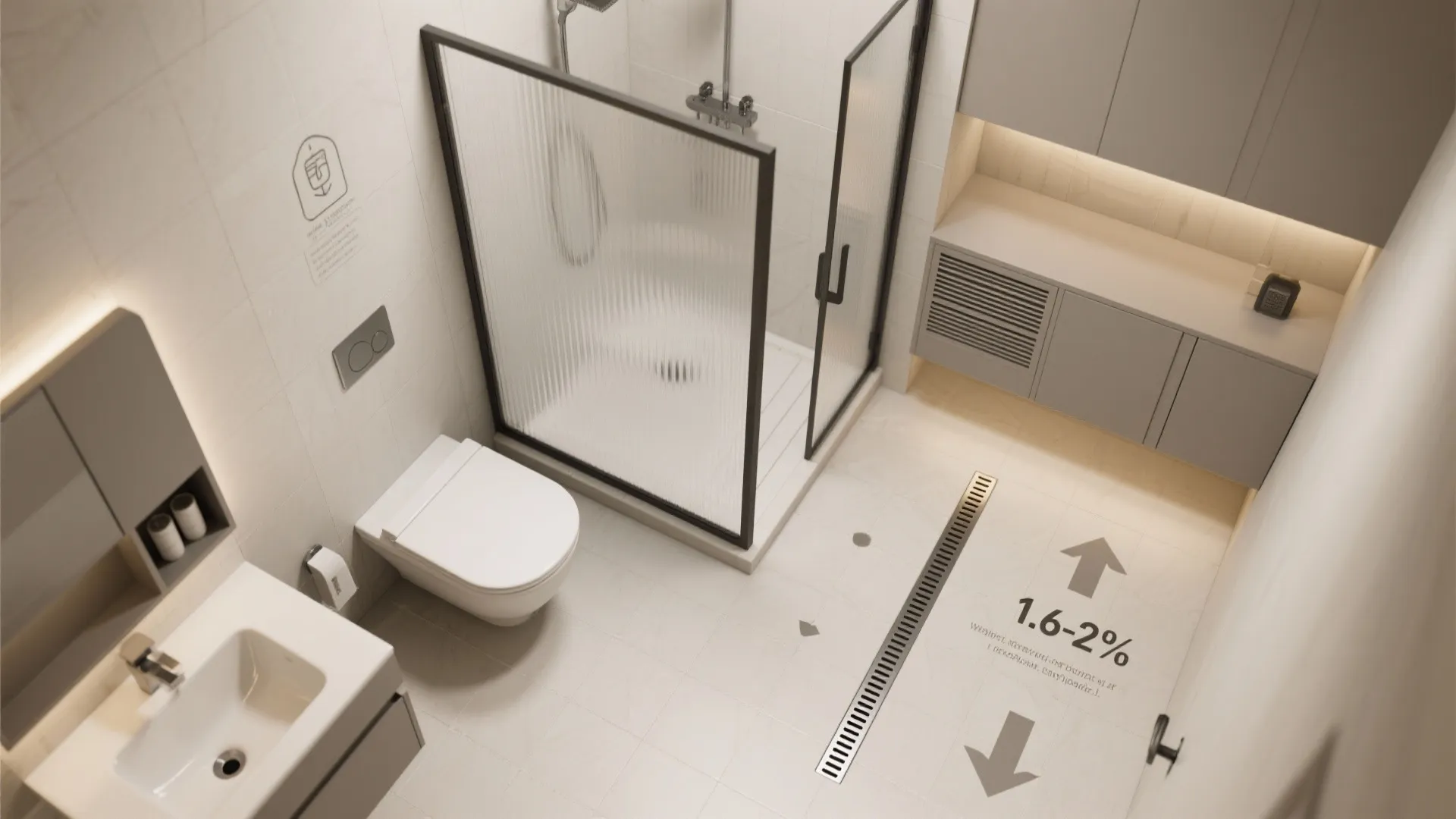 Top-down layout of a compact wet room with gradient toward linear drain and toilet screen
