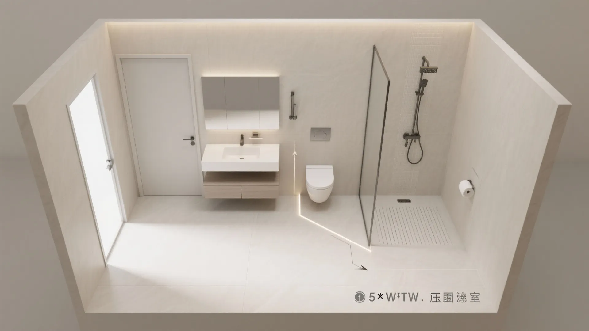 Top down view of modern bathroom with white toilet sink mirror and glass shower area