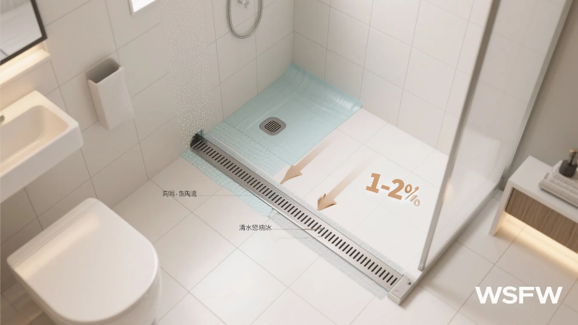 Wet room zoning with smart drainage