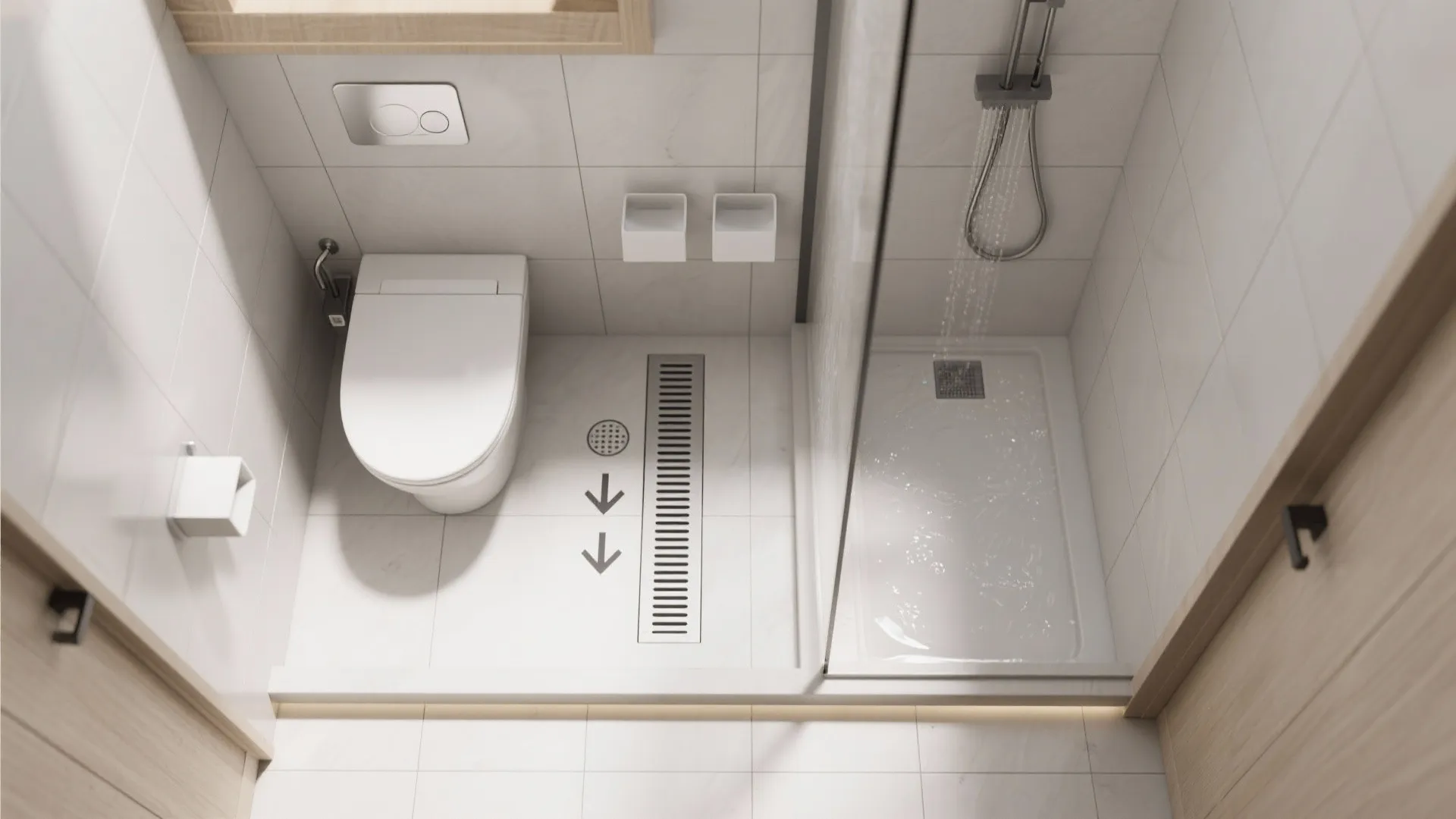 Top-down view of a wet room showing linear drain, water flow, and zoned exhaust points.