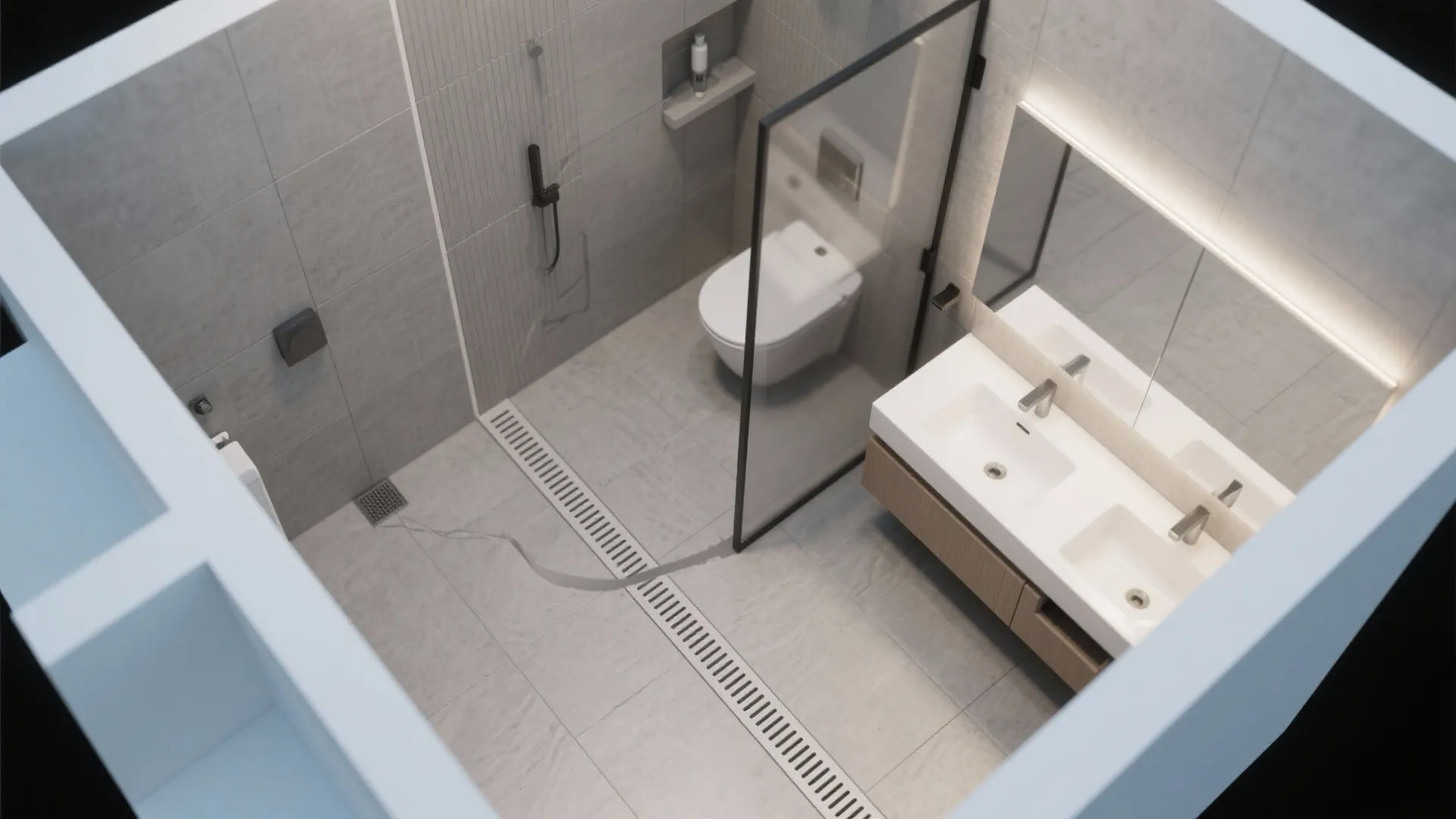 3) Wet room strategy with continuous floor and linear drain