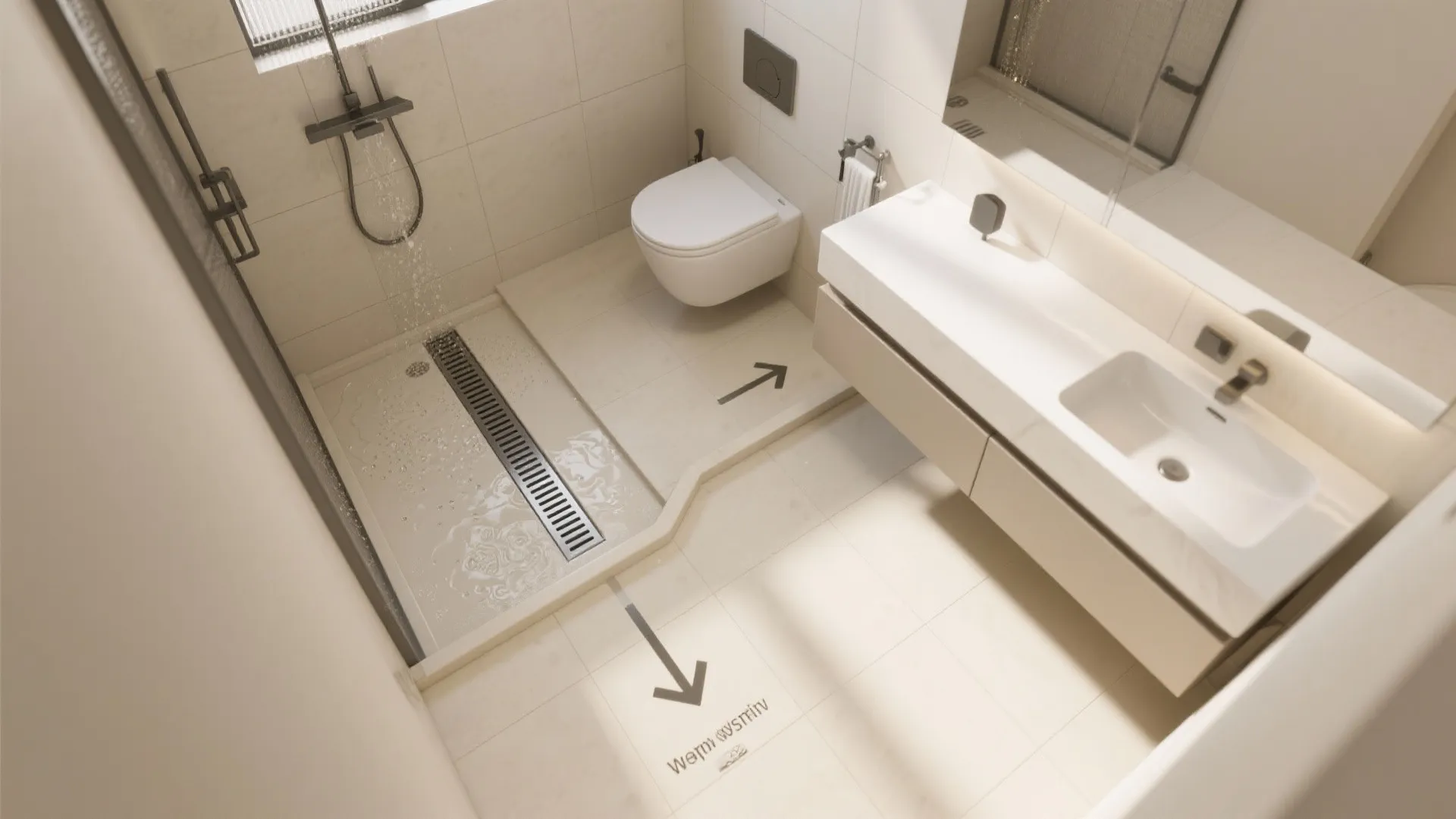 Top-down wet room plan showing slope to linear drain and optimized fixture placement.