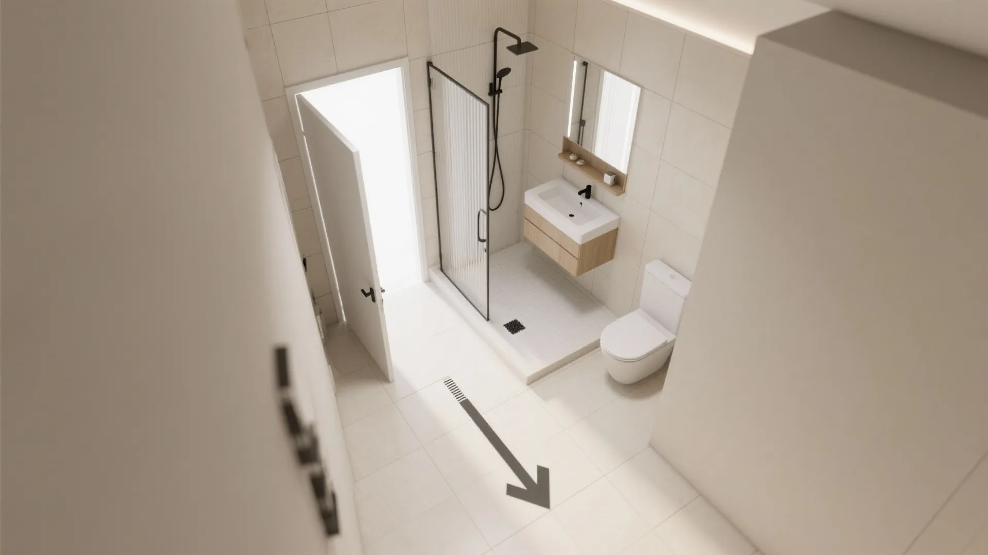 Wet room shower with a linear drain