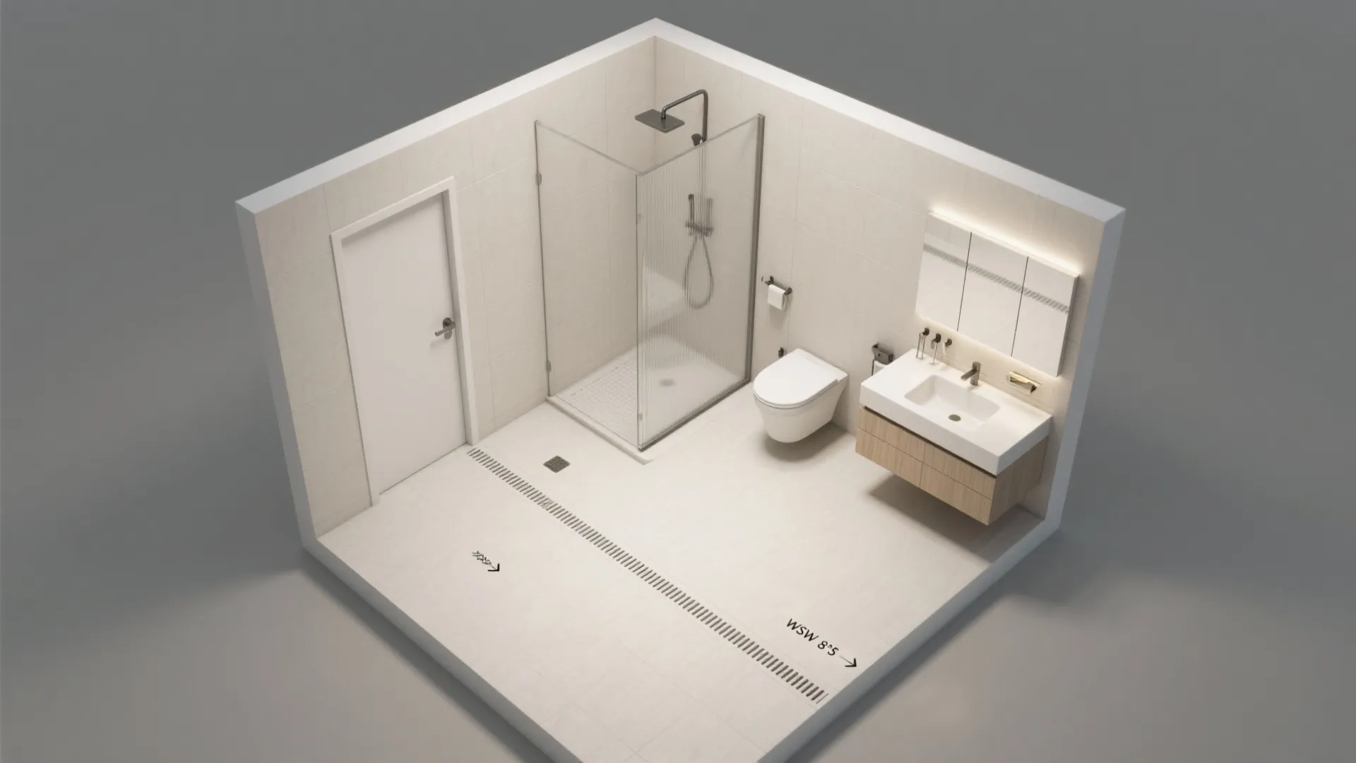 Interior design drawing showing a 3D bathroom layout with shower and toilet plus white sink