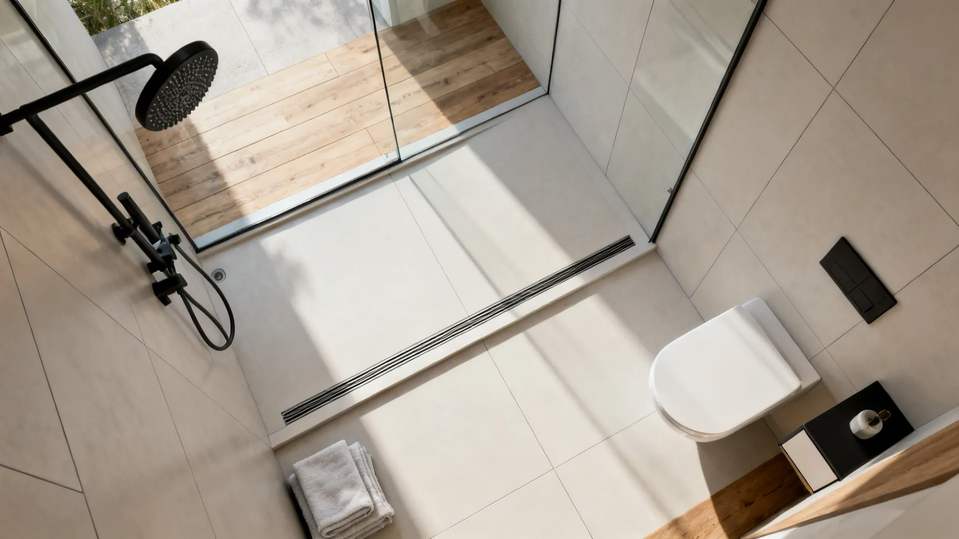 Top-down view of a small wet-room bath with sloped floor to a linear drain and a fixed glass panel.