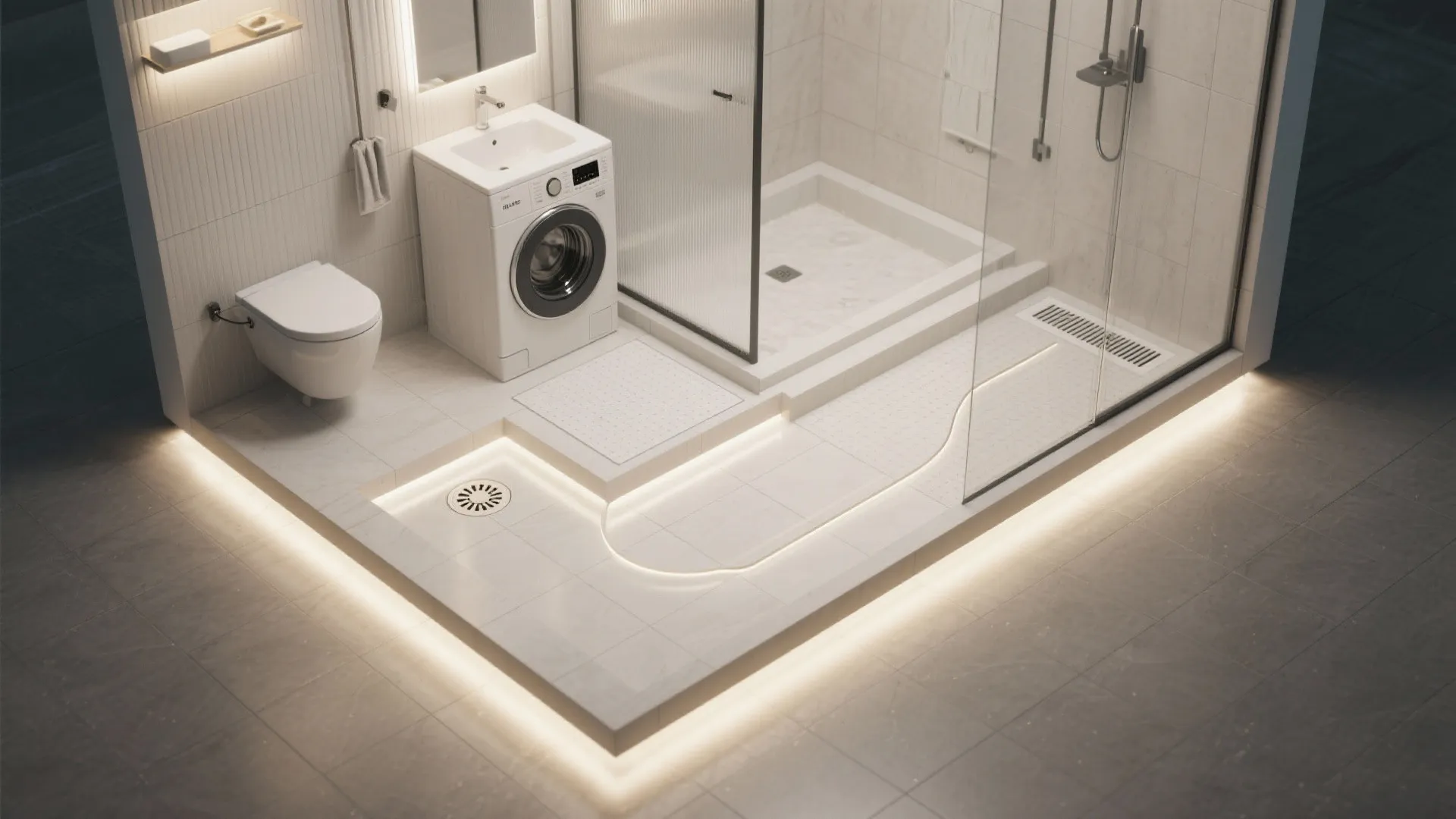 Wet room zoning with floor drain and splash control